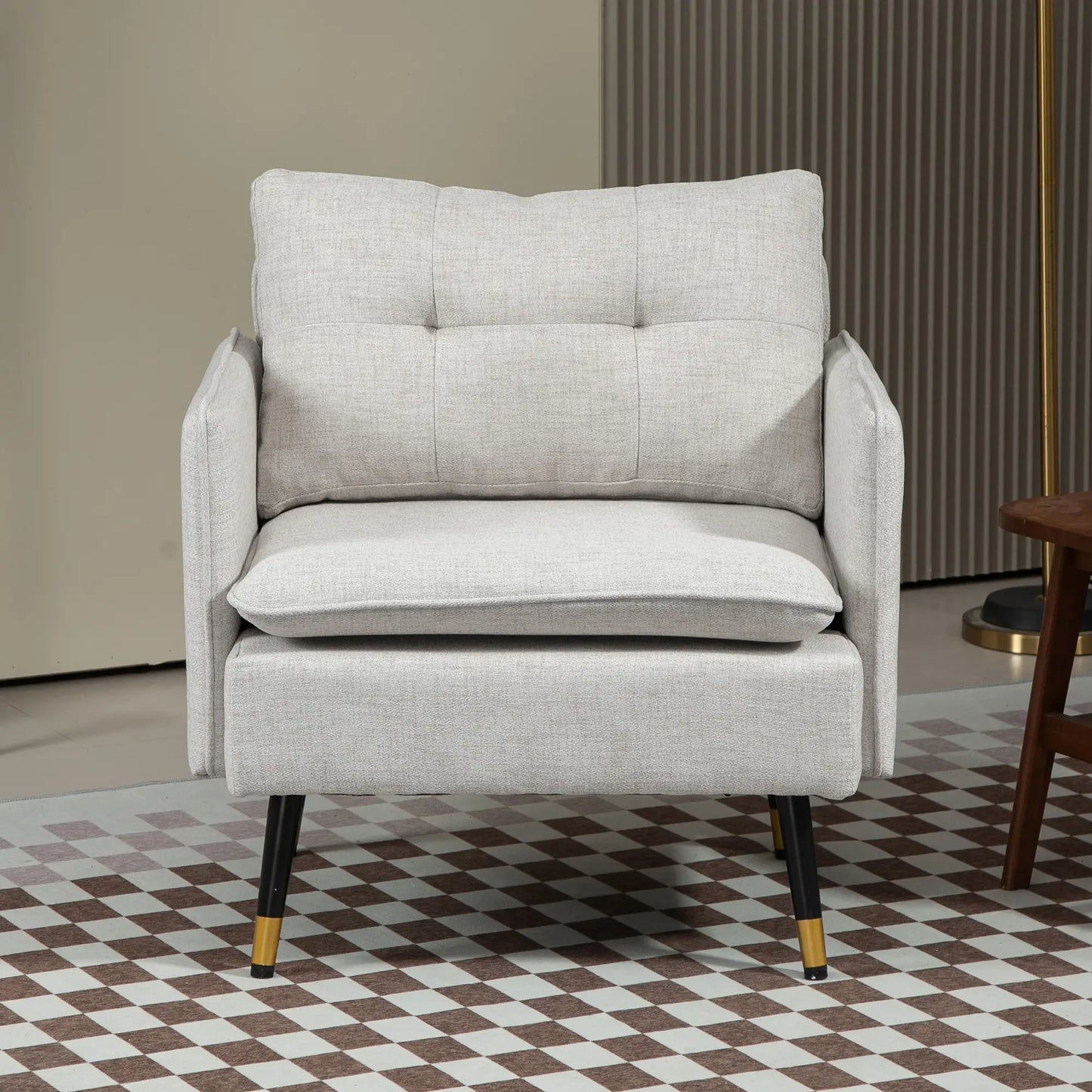 Modern Armchair, Upholstered Accent Chair with Tufted Back Cushion and Steel Legs in Cream White