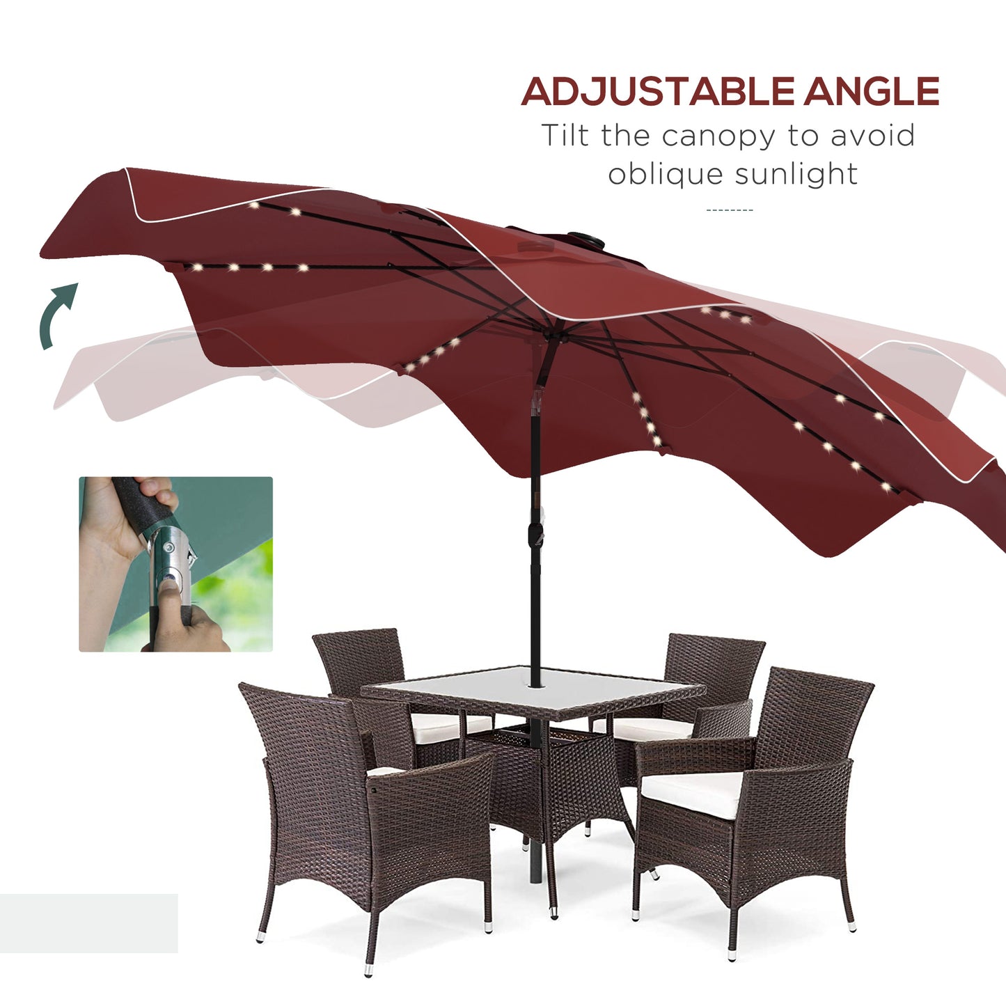 Solar Patio Umbrella with LED and Tilt, Outdoor Market Table Umbrella Parasol with Crank, 10 x 10 ft, Wine Red