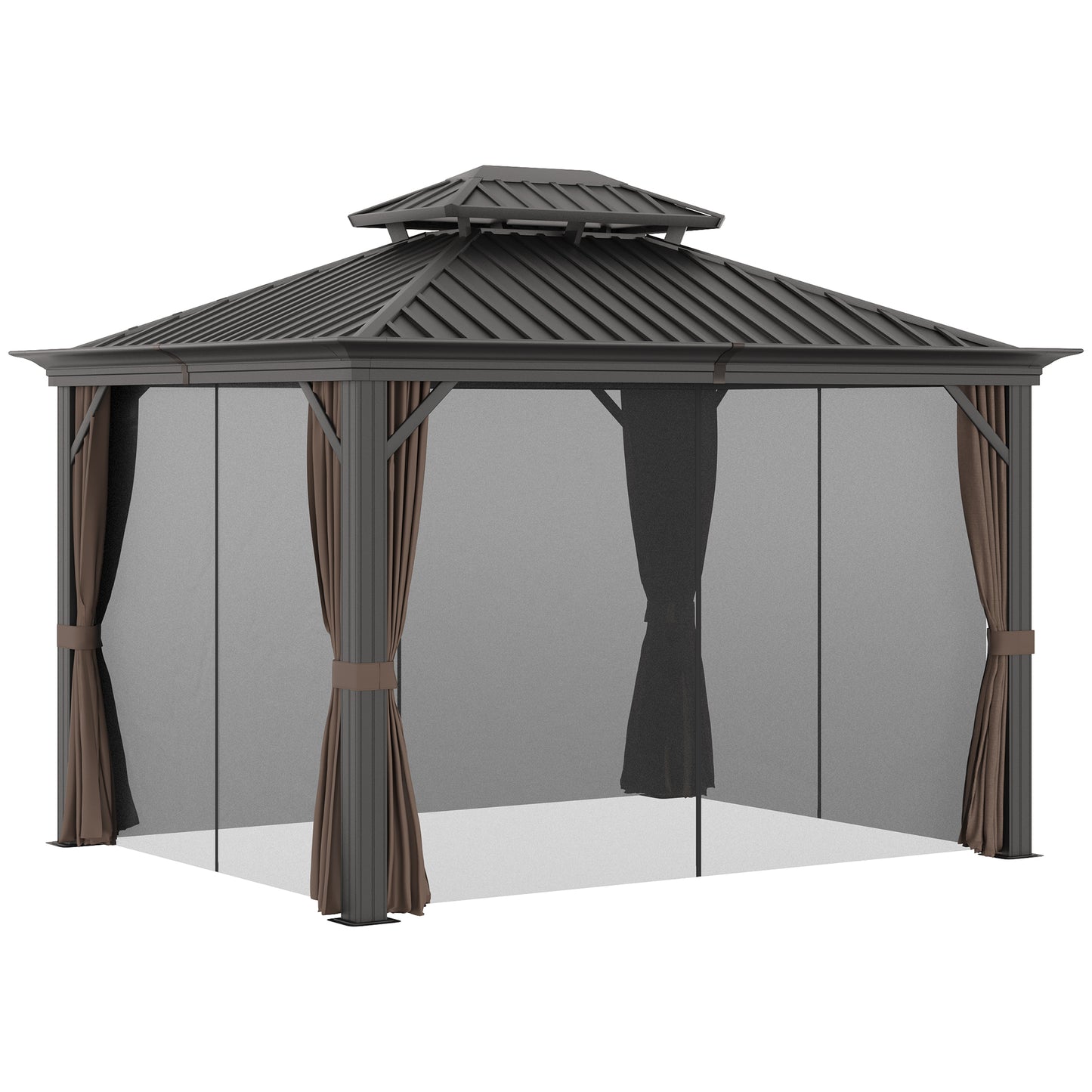 Outsunny 12' x 10' Outdoor Hardtop Gazebo with Galvanized Steel Canopy & Netting Sidewalls for Lawn, Backyard, Brown