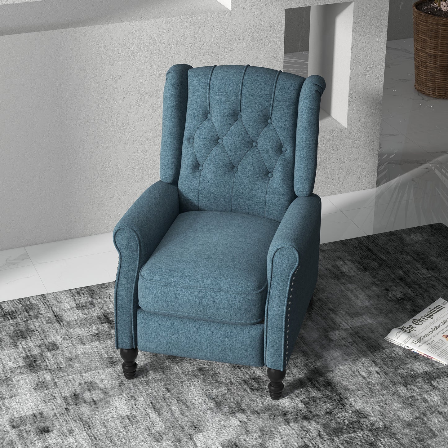 Wingback Reclining Chair with Footrest, Button Tufted Recliner Chair with Rolled Armrests for Living Room, Blue