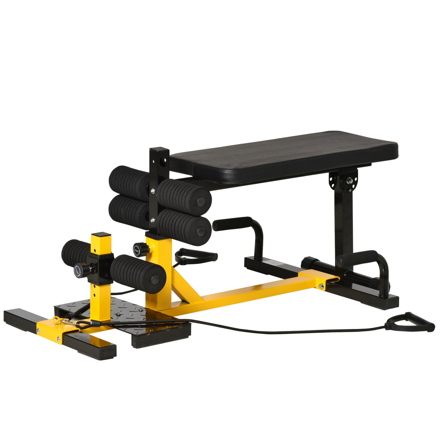 3-in-1 Squat Machine w/ Resistance Bands, Adjustable Padded Bench & Leg Exerciser, Squats, Push Up, Sit Up for Home, Office, Gym Fitness Equipment, Yellow