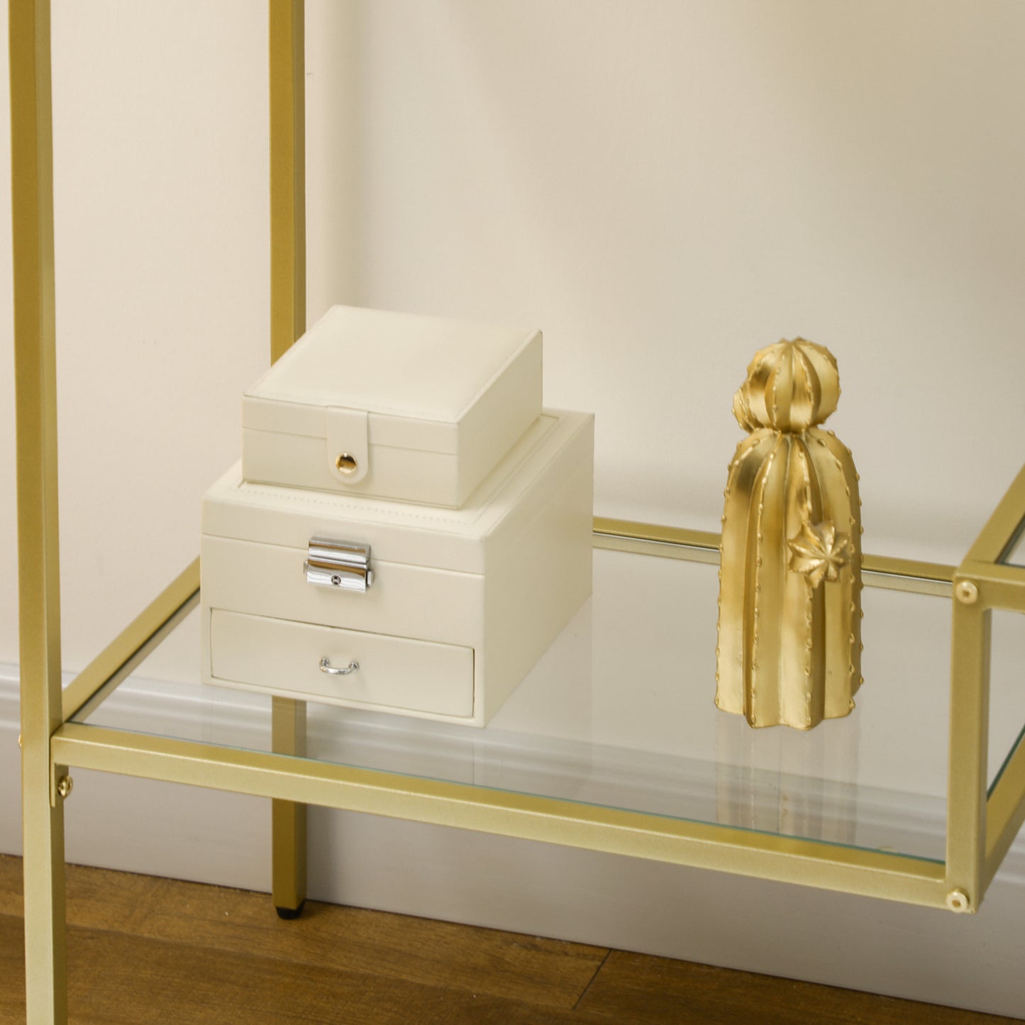 Gold Console Table, 39" Tempered Glass Sofa Table, Narrow Entryway Table with Storage Shelves, Steel Frame for Living Room, Hallway