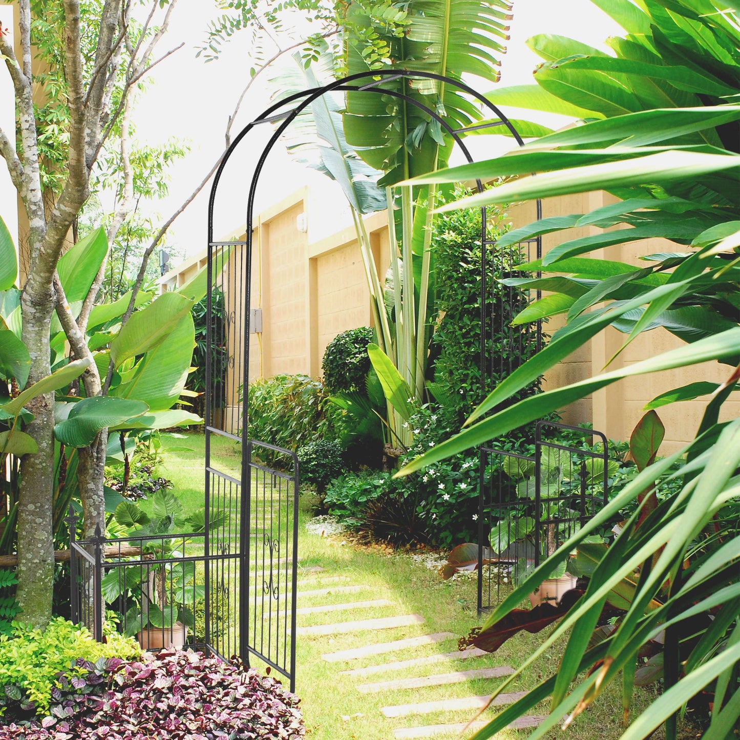 87" Metal Garden Arbor Arch with Double Doors, 2 Side Planter Baskets, Climbing Vine Frame, Black