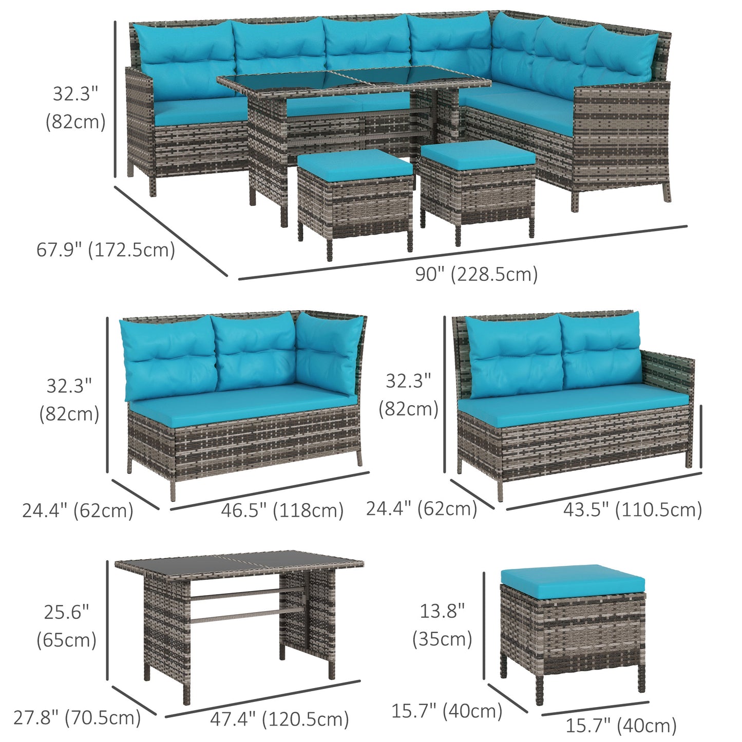 6pcs Outdoor Rattan Sofa Set Garden Wicker Sectional Couch Furniture Set with Dining Table and Chair Sky Blue