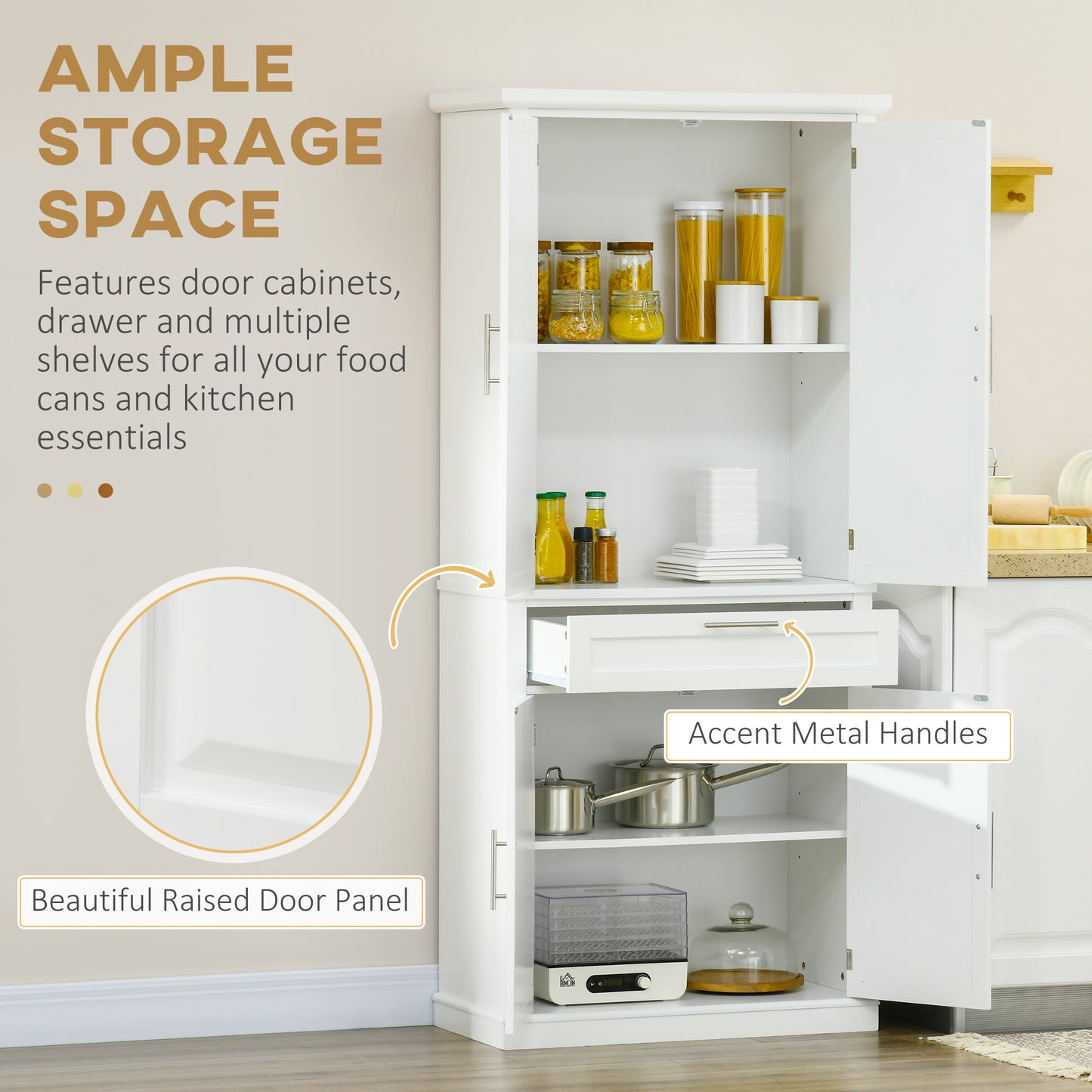 72" Kitchen Pantry Cabinet, Freestanding Storage Cabinet, 4-Door Cupboard with Drawer and Adjustable Shelves, White