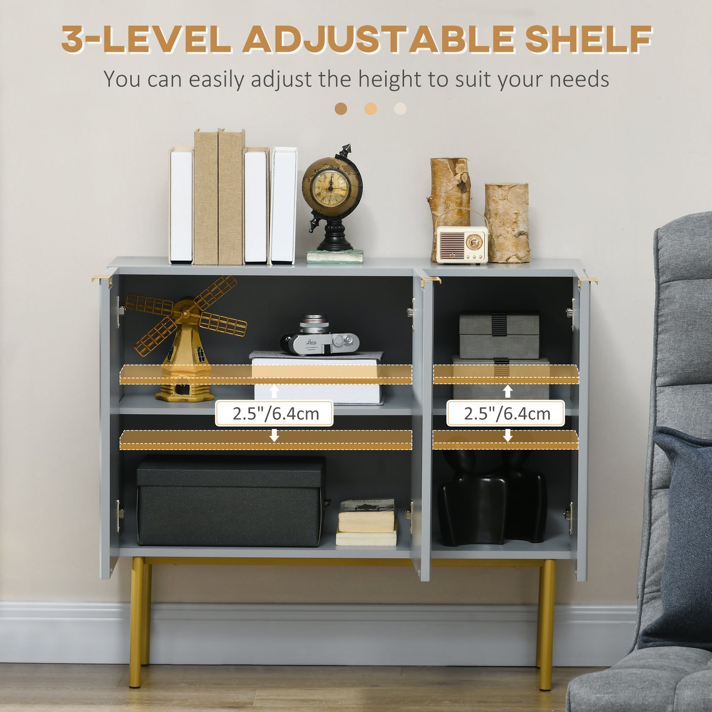 Modern Storage Cabinet Sideboard  with Gold Legs for Living Room Dining Room or Hallway Grey