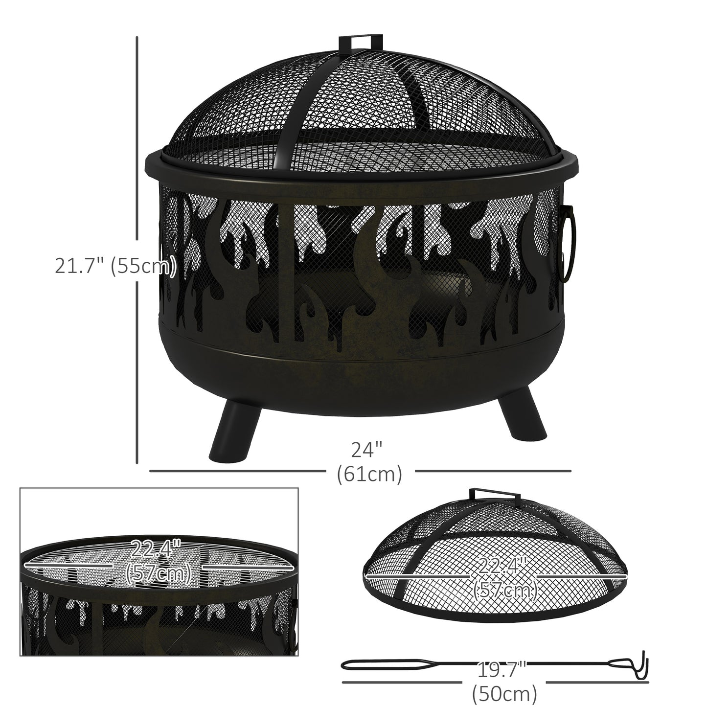 Outdoor Metal Fire Pit, 24" Round Firepit Bowl w/ Lid Grill Poker Handles for Garden, Camping, BBQ, Bonfire, Black