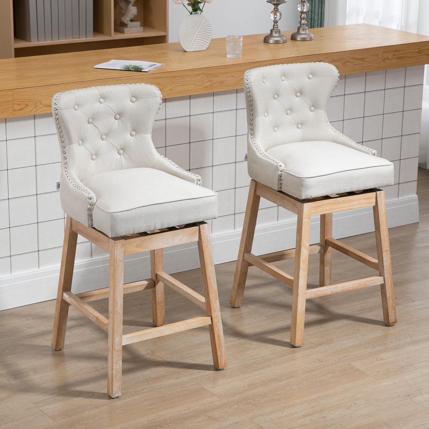 Bar Height Bar Stools Set of 2, 180° Swivel Kitchen Stools, Upholstered Nailhead-Trim Bar Chair, 30" Seat Height with Rubber Wood Legs, Beige