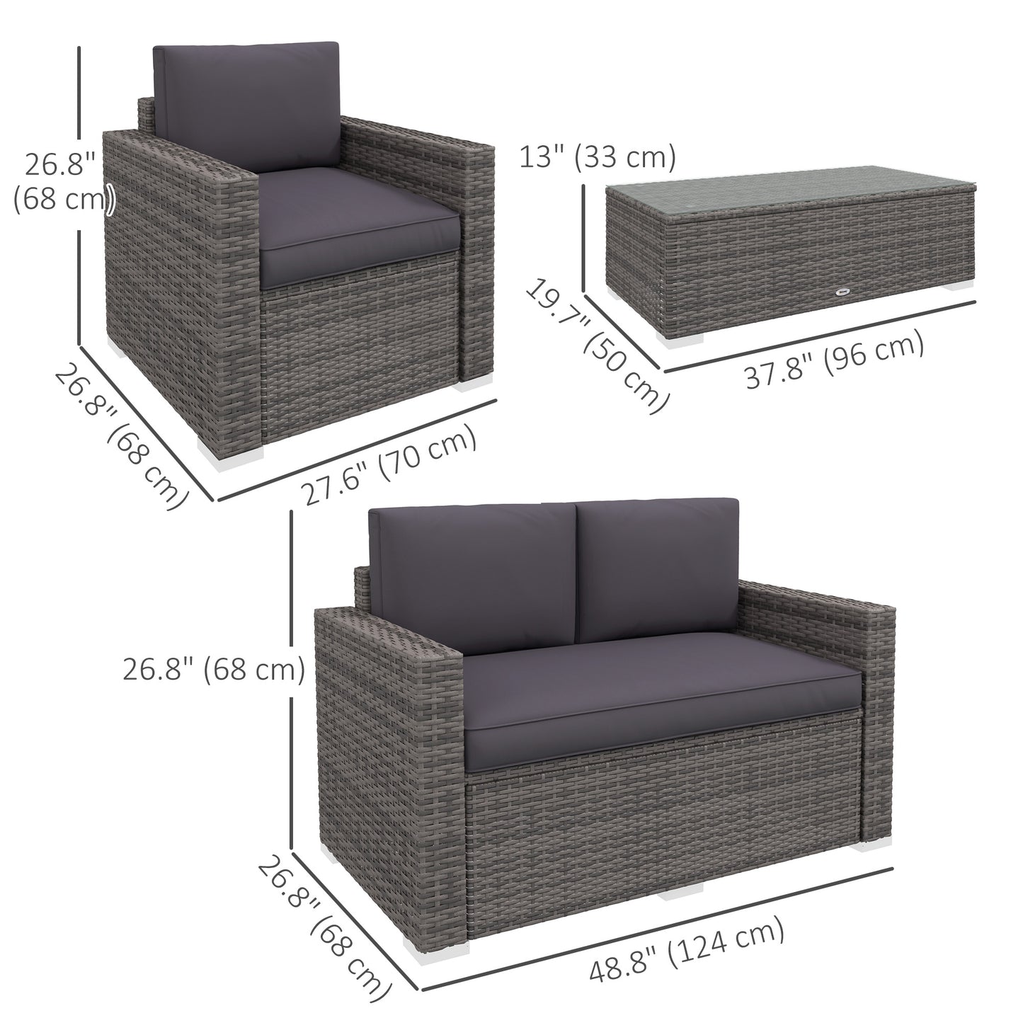 Outdoor Furniture with Table, Wicker Furniture with Loveseat and 2 Chair for Garden, Poolside, Grey