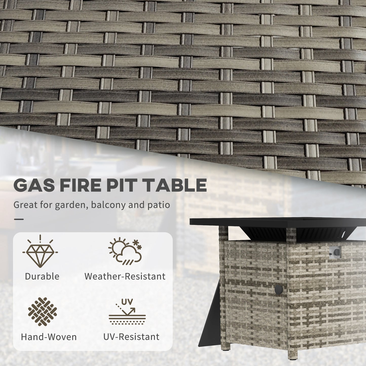 Outdoor PE Rattan Propane Fire Pit Table, 50,000 BTU Pulse-Ignition Wicker Fire Table with Glass Wind Guard, Mixed Grey