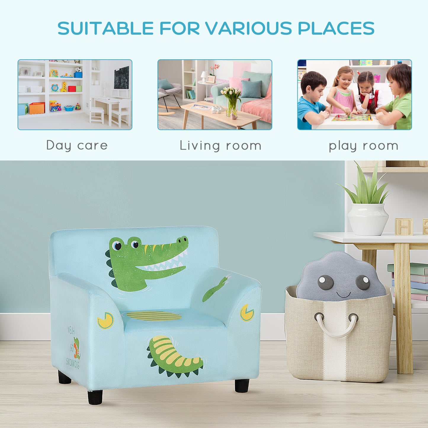 Qaba Kids Sofa, Armrest Chair for Preschool, Toddler Couch for Kids Room, Kindergarten with Cute Animal Print, Super-soft Velvet, Eucalyptus Wood, Light Blue