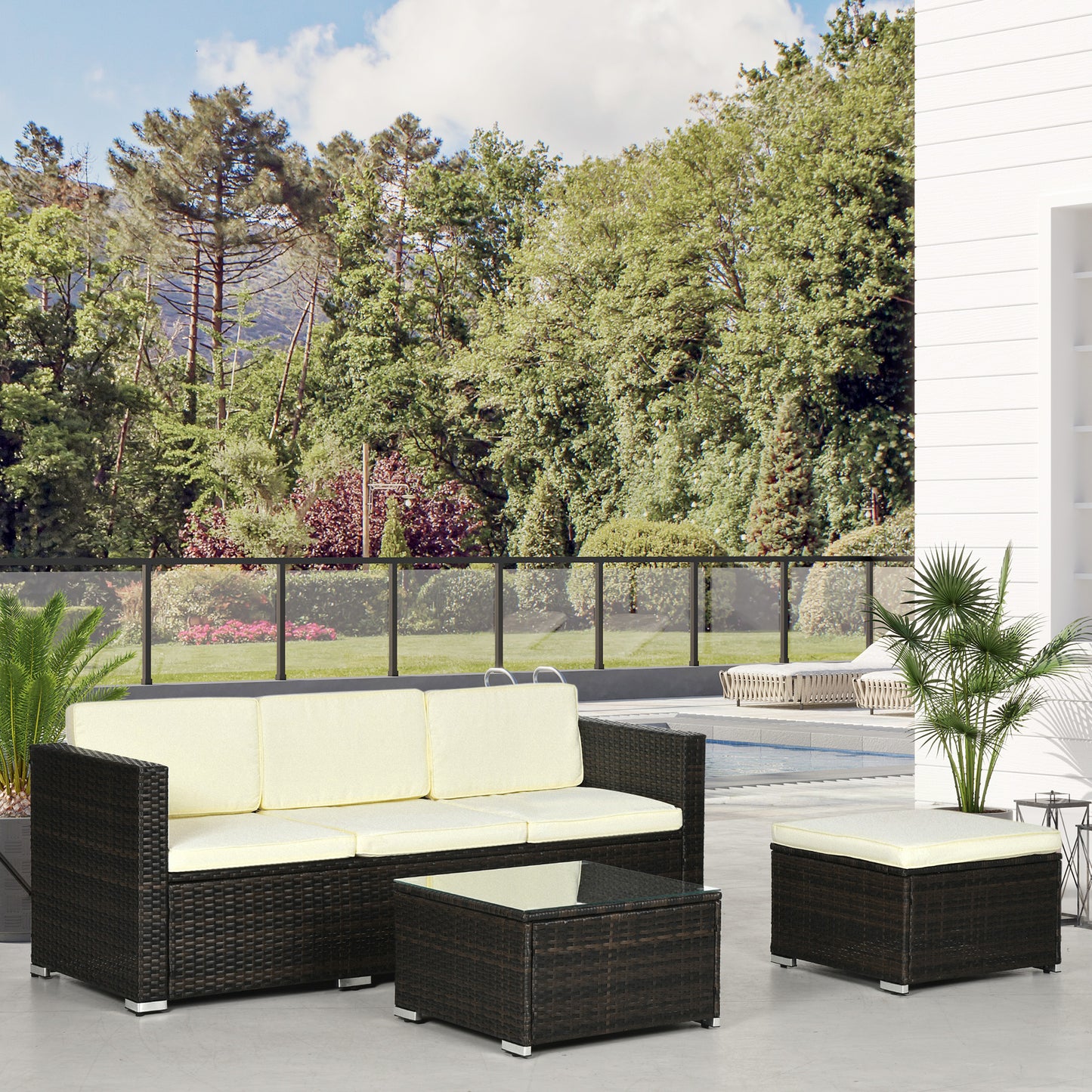 Outsunny 3 Pieces Patio Furniture Set with Cushions, Outdoor PE Rattan Wicker Conversation Corner Sofa Sets with Glass Top Table and Adjustable Foot for Poolside, Garden, Lawn, White