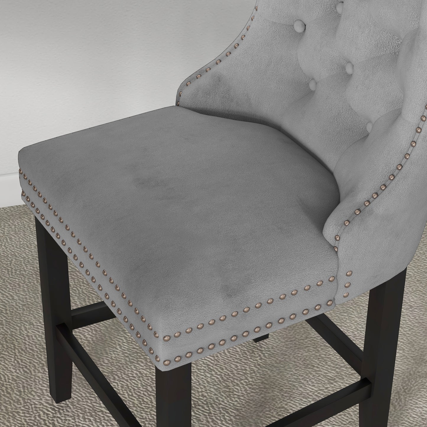 Upholstered Fabric Bar Stool Set of 2, Button Tufted 25.6" Seat Height Counter Chairs with Back & Wood Legs, Grey