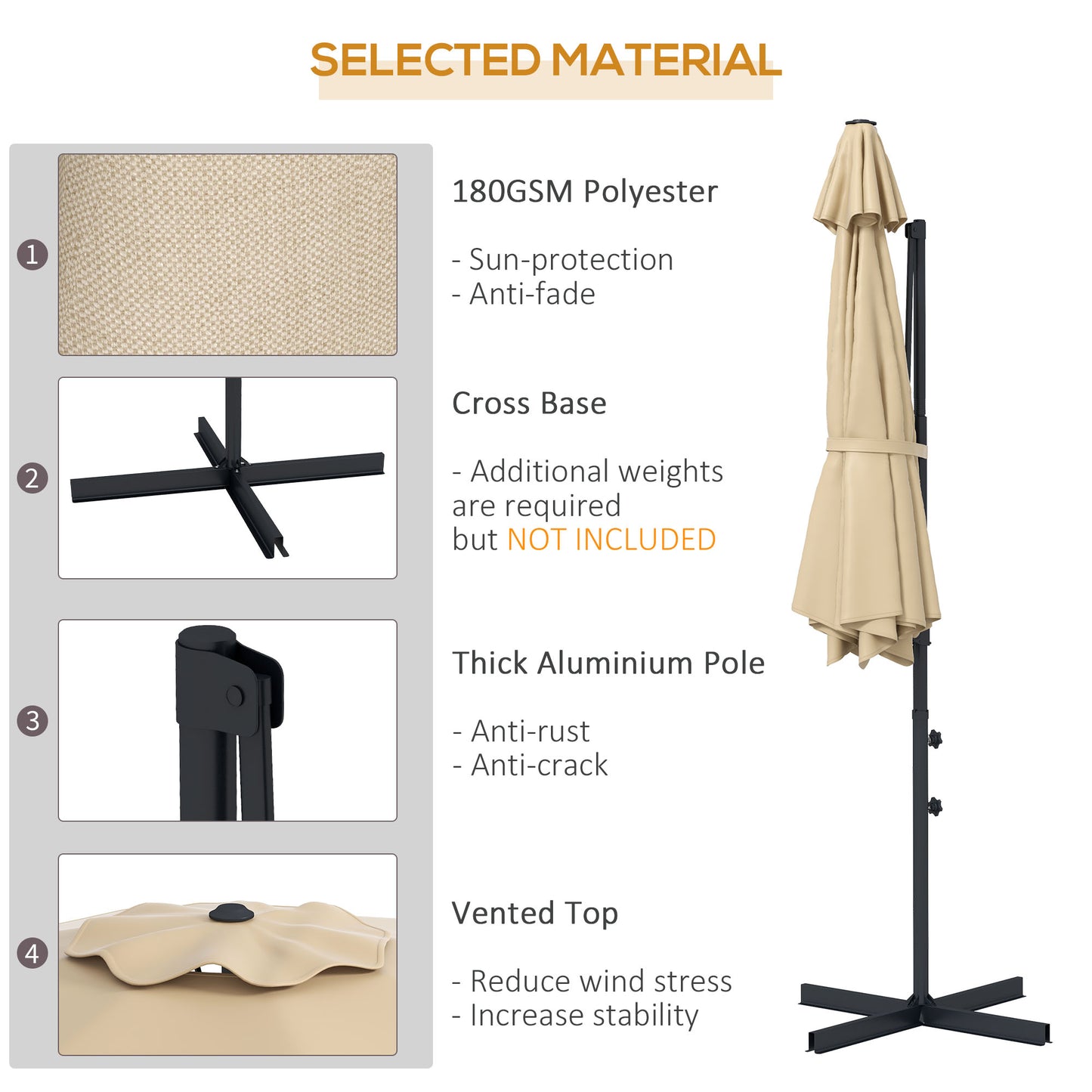 10 FT Cantilever Umbrella, Aluminum Hanging Offset Umbrella with 360°Rotation, Crank, Tilt, Cross Base, Khaki