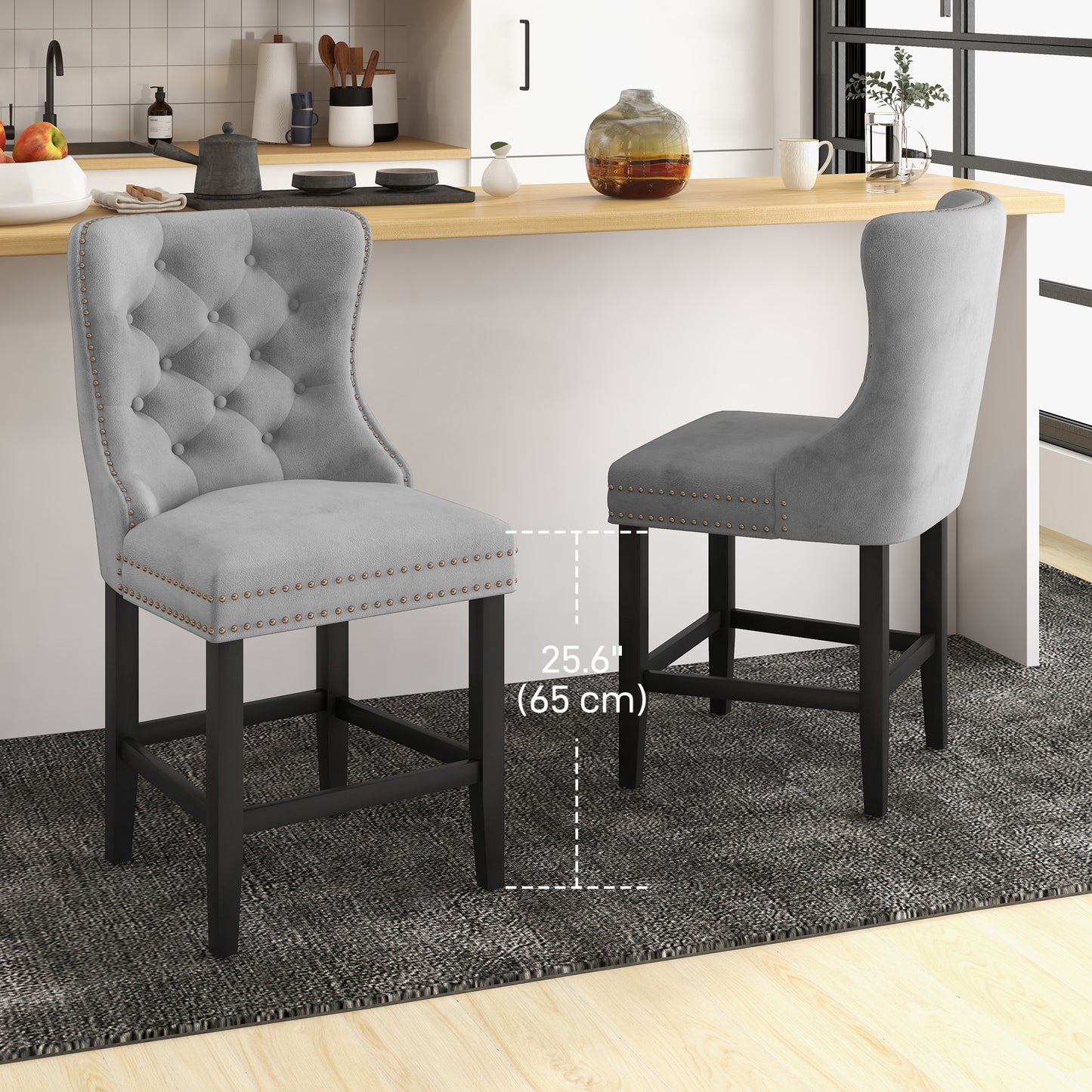 Upholstered Fabric Bar Stool Set of 2, Button Tufted 25.6" Seat Height Counter Chairs with Back & Wood Legs, Grey