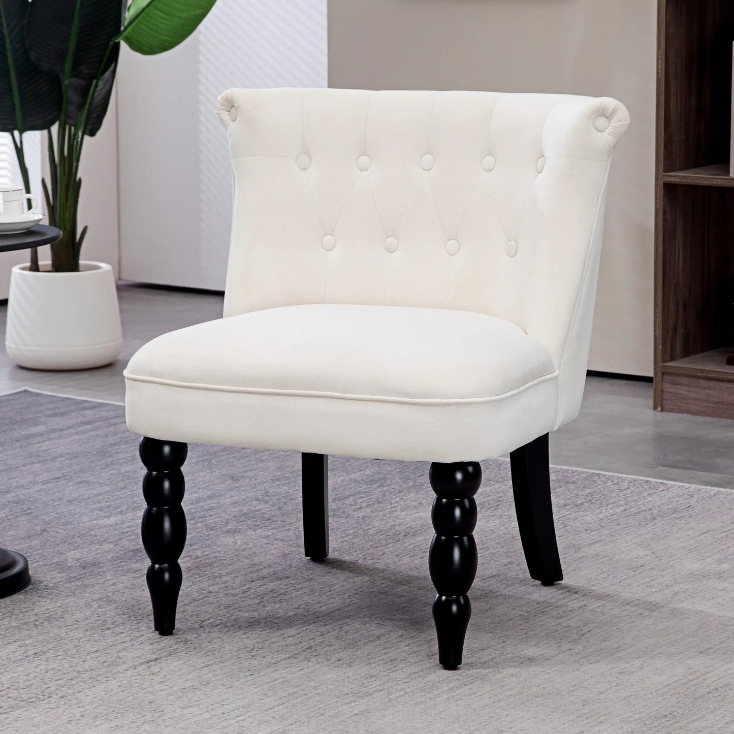 Vintage Style Accent Chair with Button Tufted Back, Turned Legs in Cream White