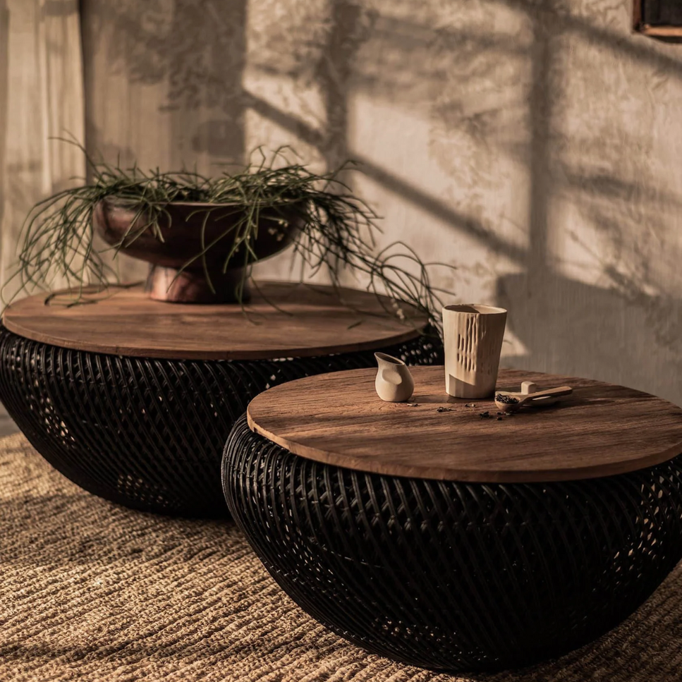 Reclaimed Teak with Rattan Weave Coffee Table in Black