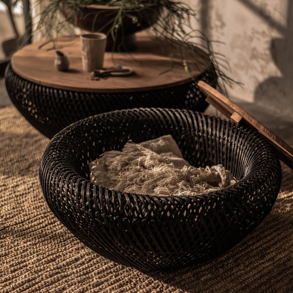 Reclaimed Teak with Rattan Weave Coffee Table in Black