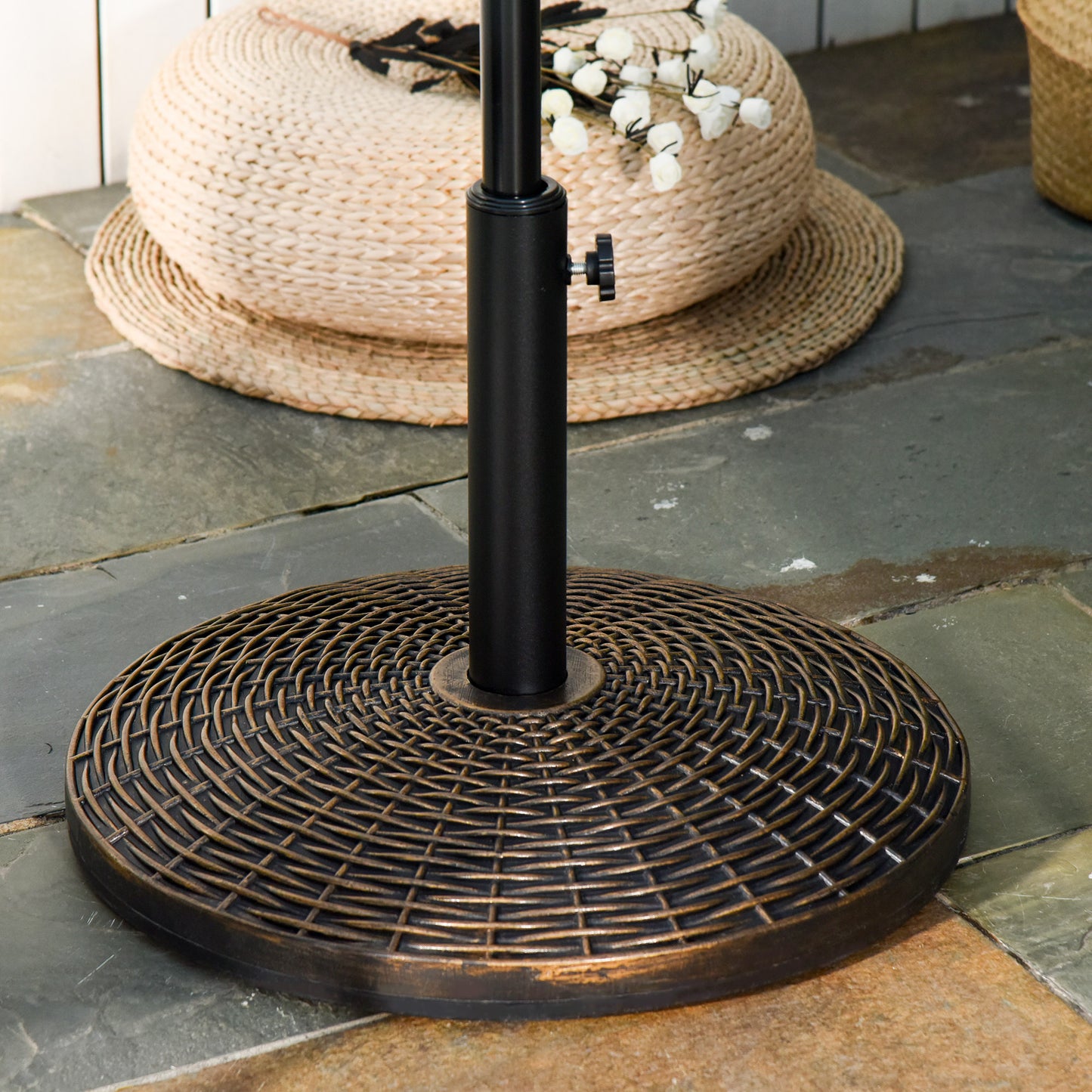 55 lbs Market Umbrella Base Holder 21" Heavy Duty Round Parasol Stand with Rattan Design for Patio, Outdoor, Backyard, Bronze