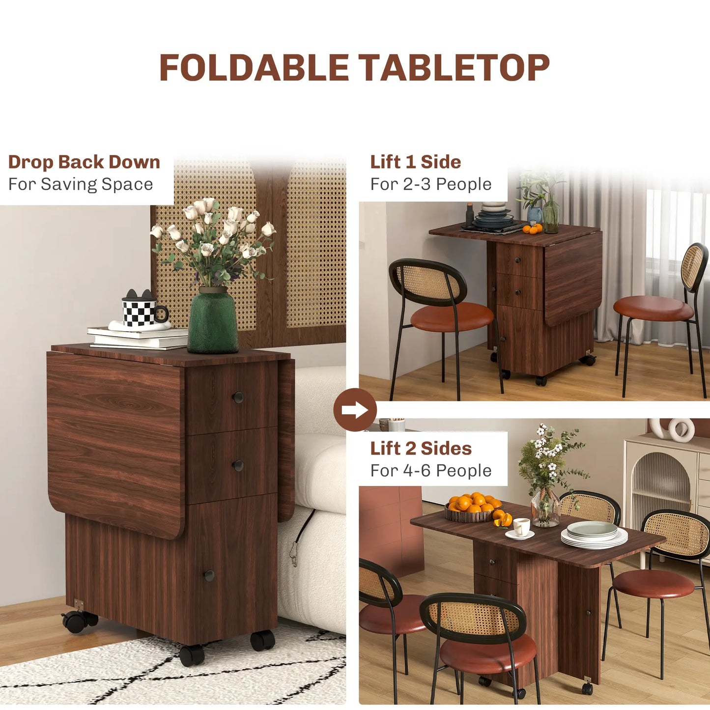 Drop Leaf kitchen Dining Table, on Wheels with Drawers and Cabinet in Brown