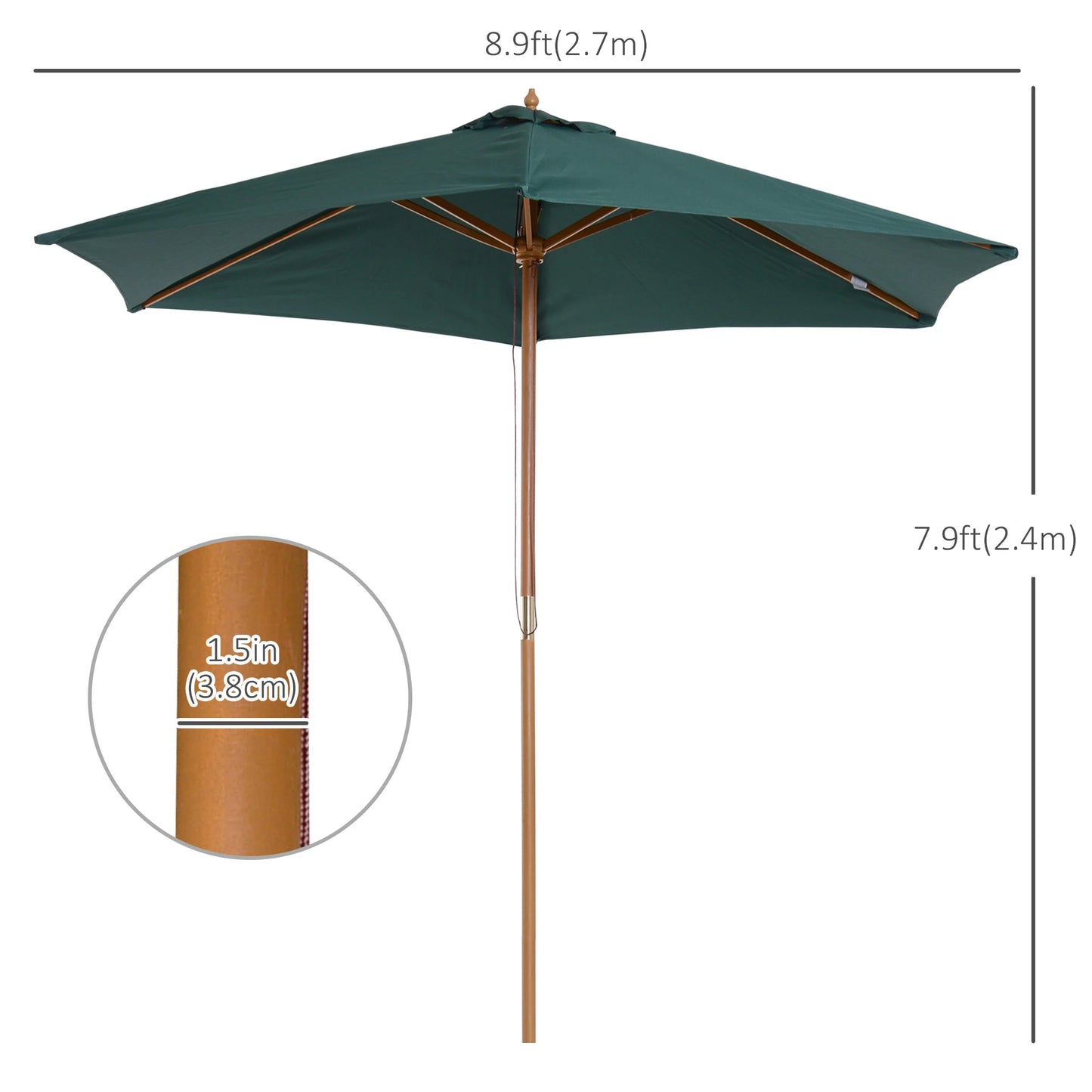 9' x 8' H Patio Umbrella, Market Umbrella with Hardwood Frame and Wind Vent, in Green