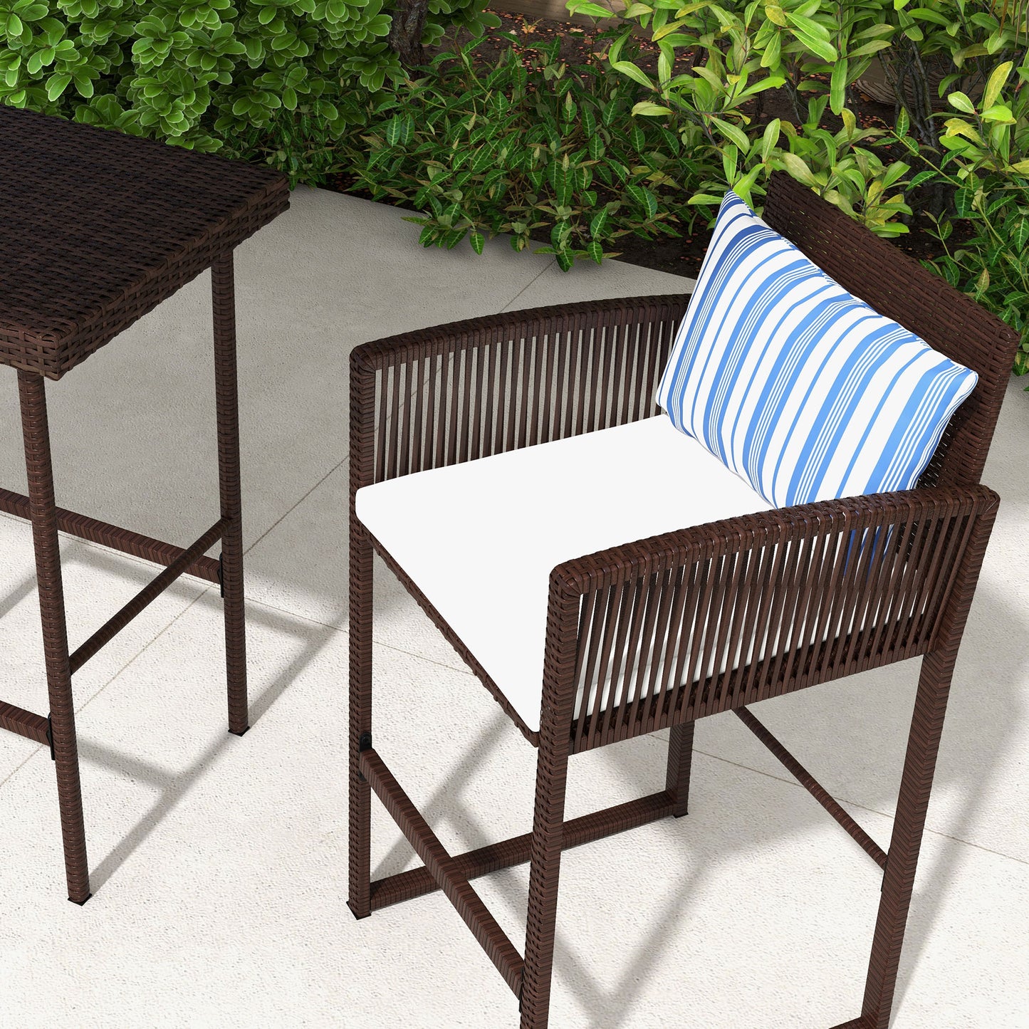 3-Piece Wicker Bar Set, Patio Bar Table Chair with Cushions, for Poolside, 25.2" x 19.3" x 37", White