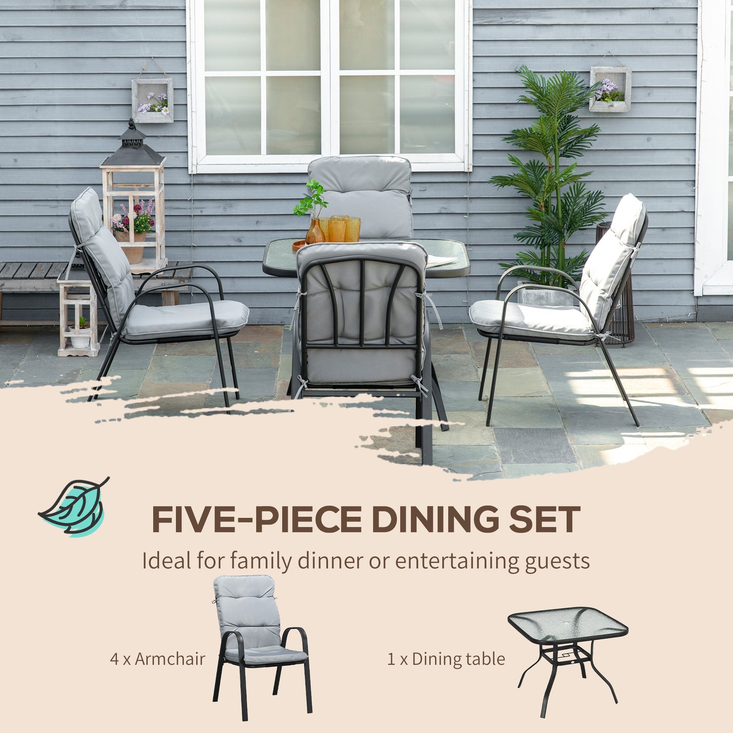 5 Piece Outdoor Square Garden Dining Set w/ Tempered Glass Dining Table 4 Cushioned Armchairs, Umbrella Hole, Grey