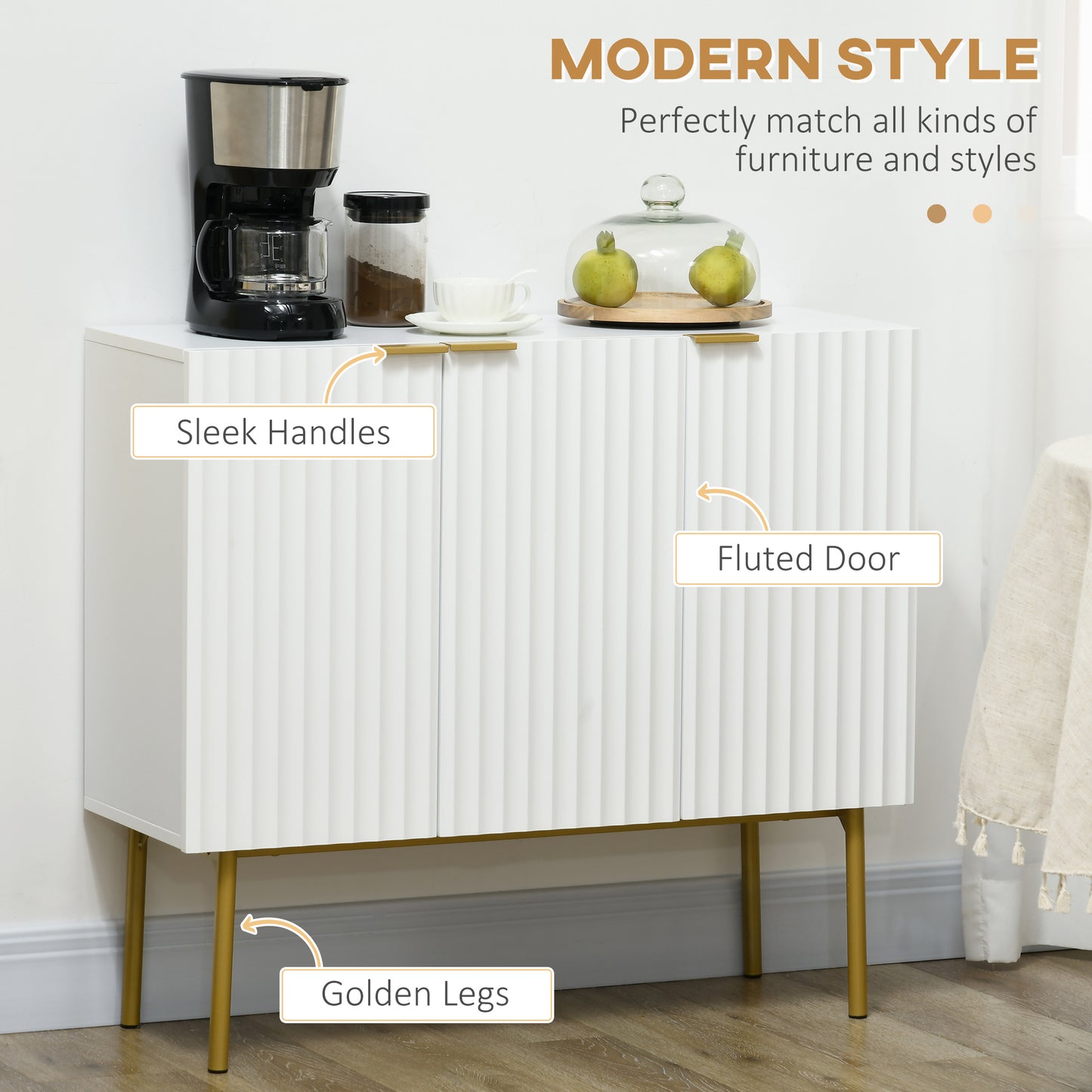 Modern Storage Cabinet Sideboard Buffet with Gold Legs for Living Room, Dining Room or Hallway White