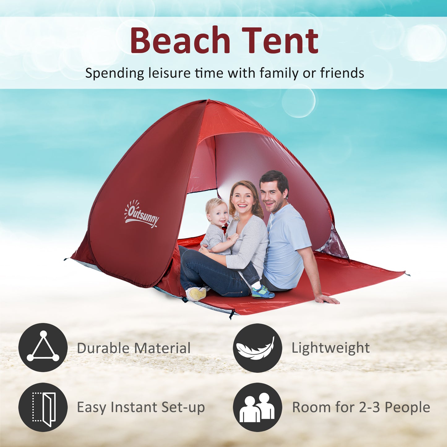 Outsunny Pop Up Beach Tent Portable Sun Shelter UV Protection Outdoor Patio with Carry Case & Stakes Red