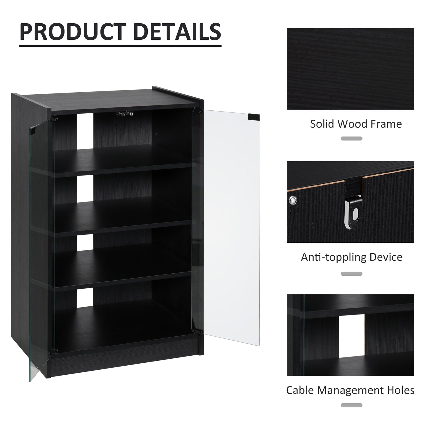 5-Tier Media Stand, Storage Cabinet with 3-Level Adjustable Shelves, Tempered Glass Doors, and Cable Management, Black