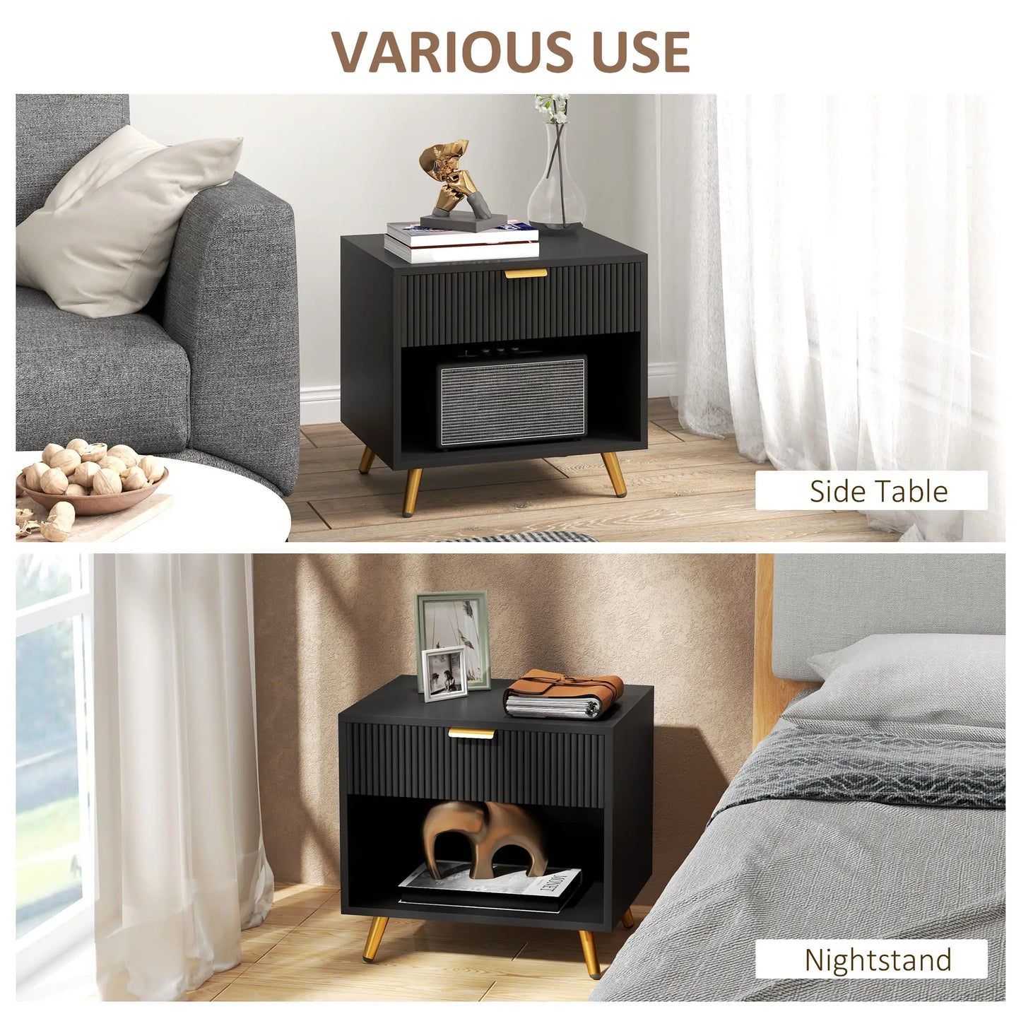 Nightstand with Fluted Panel, Bedside Table with Drawer and Open Compartment in black