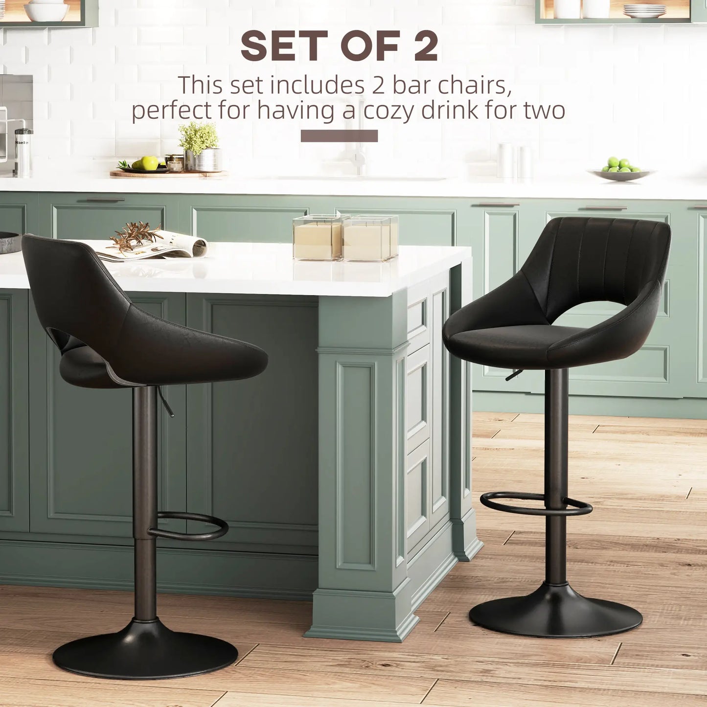 Swivel Bar Stools Set of 2, Faux Leather Upholstered Counter Height Barstools with Round Metal Base