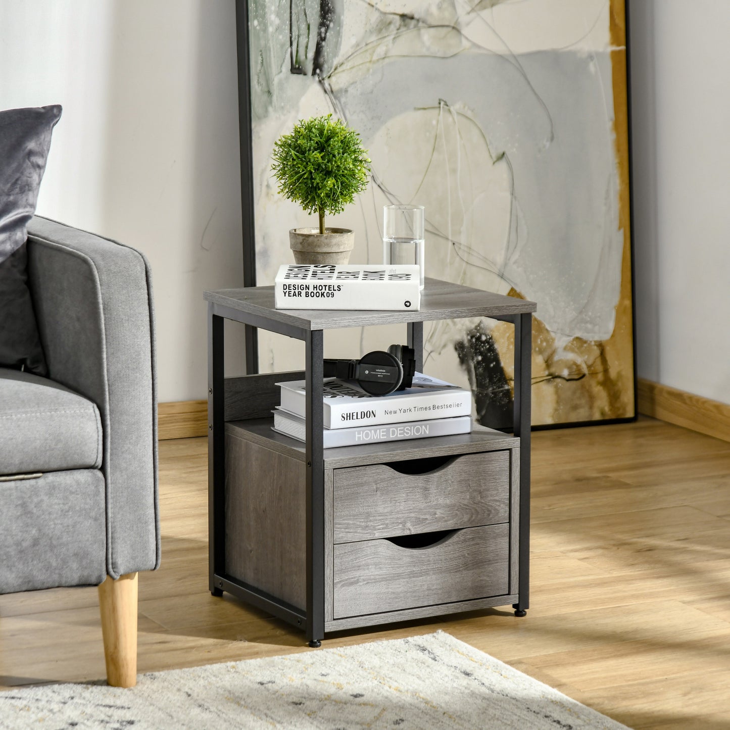 Nightstand with 2 Drawers, Industrial Side Table with Storage Shelf