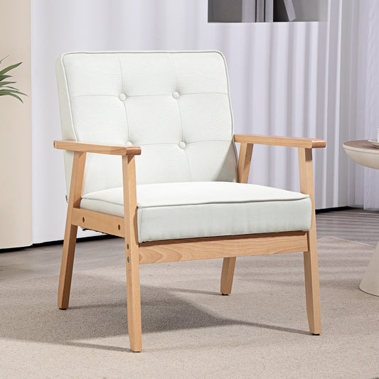 Modern Fabric Armchair with Tufted Back, Wood Legs and Thick Padding, in Creamy White