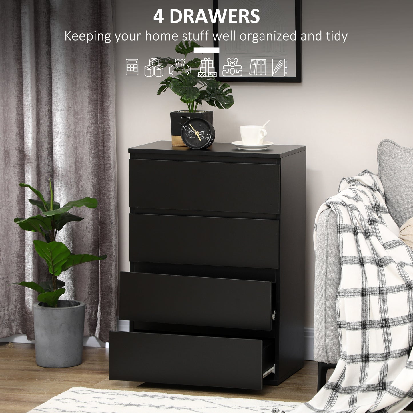 Chest of Drawer, 4 Drawers Storage Cabinet Freestanding Tower Unit for Bedroom Living Room, Black