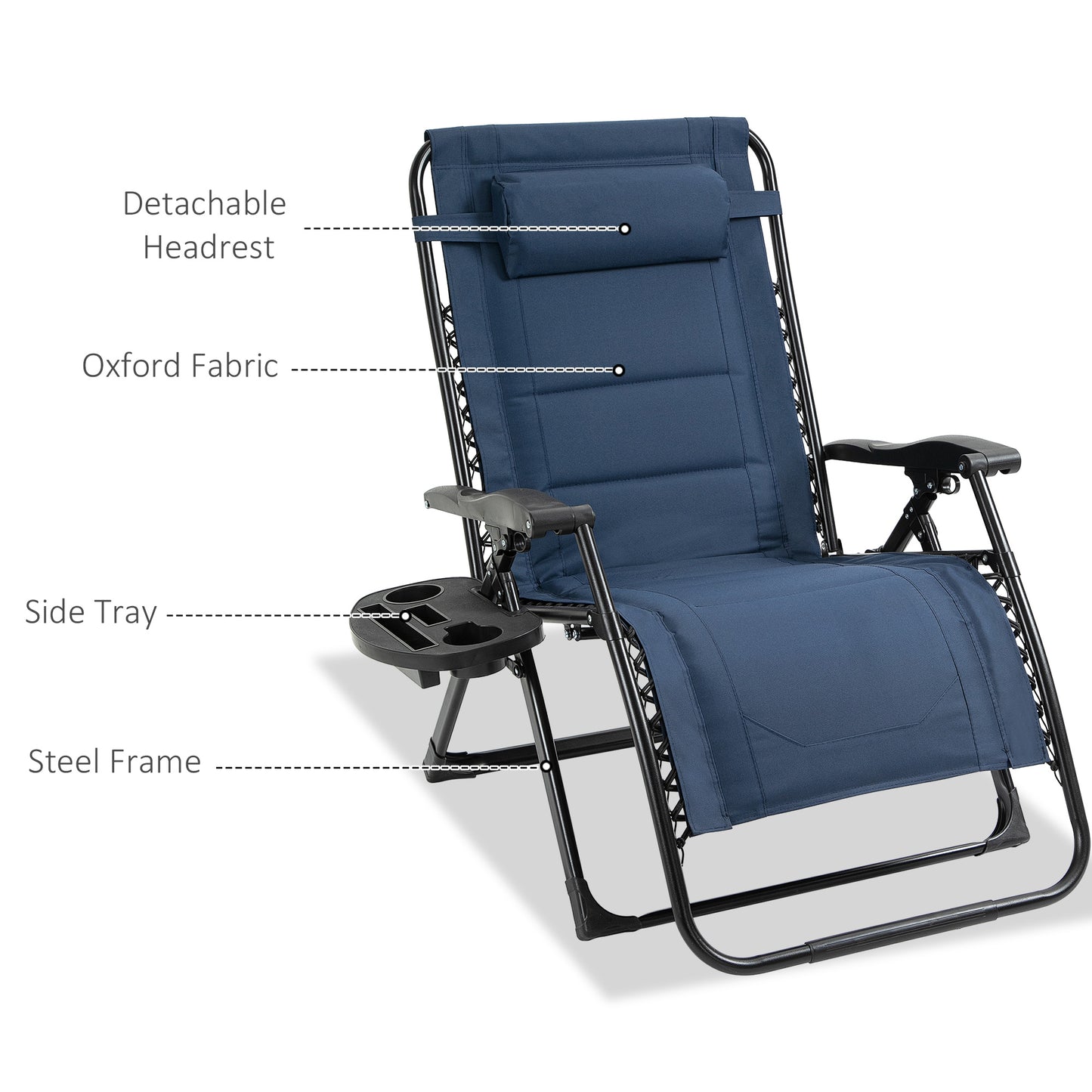 Zero Gravity Lounger Chair, Padded Folding Reclining Patio Chair with Cup Holder, Headrest, for Poolside, Camping, Blue