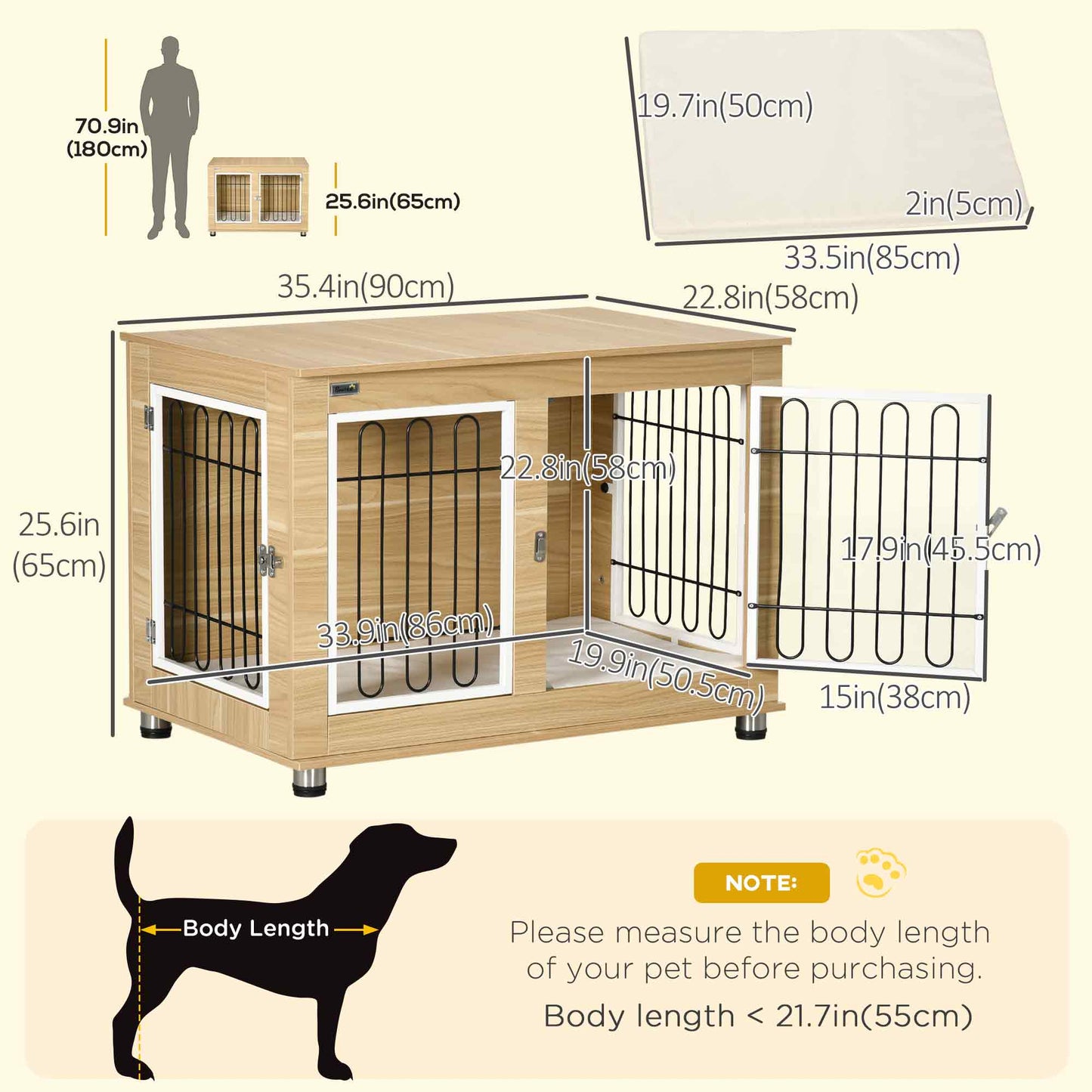 Pet Crate End Table with Soft Cushion, Double-Door Dog Crate Furniture for Medium Large Dogs, Wooden Wire Pet Kennel for Indoor Use