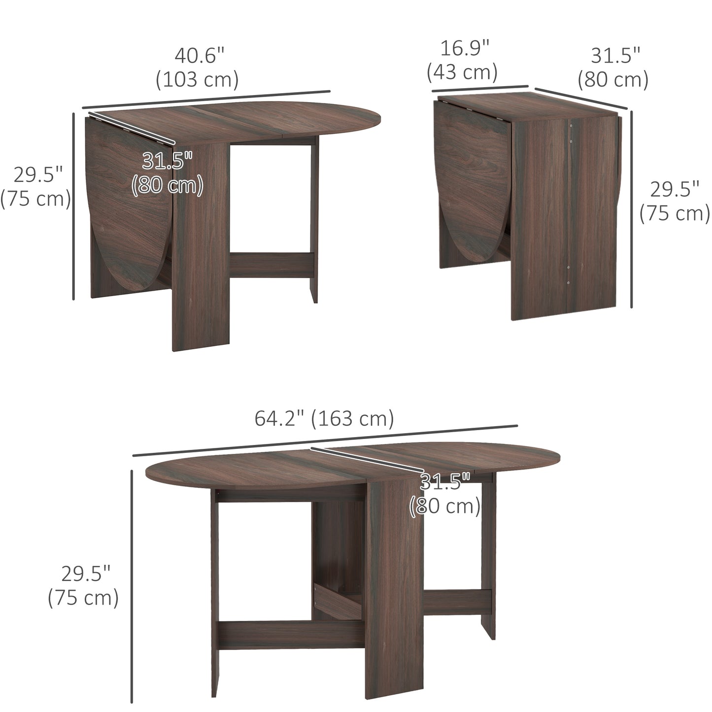 Folding Dining Table, Oval Drop Leaf Kitchen Table for Small Spaces, Distressed Brown