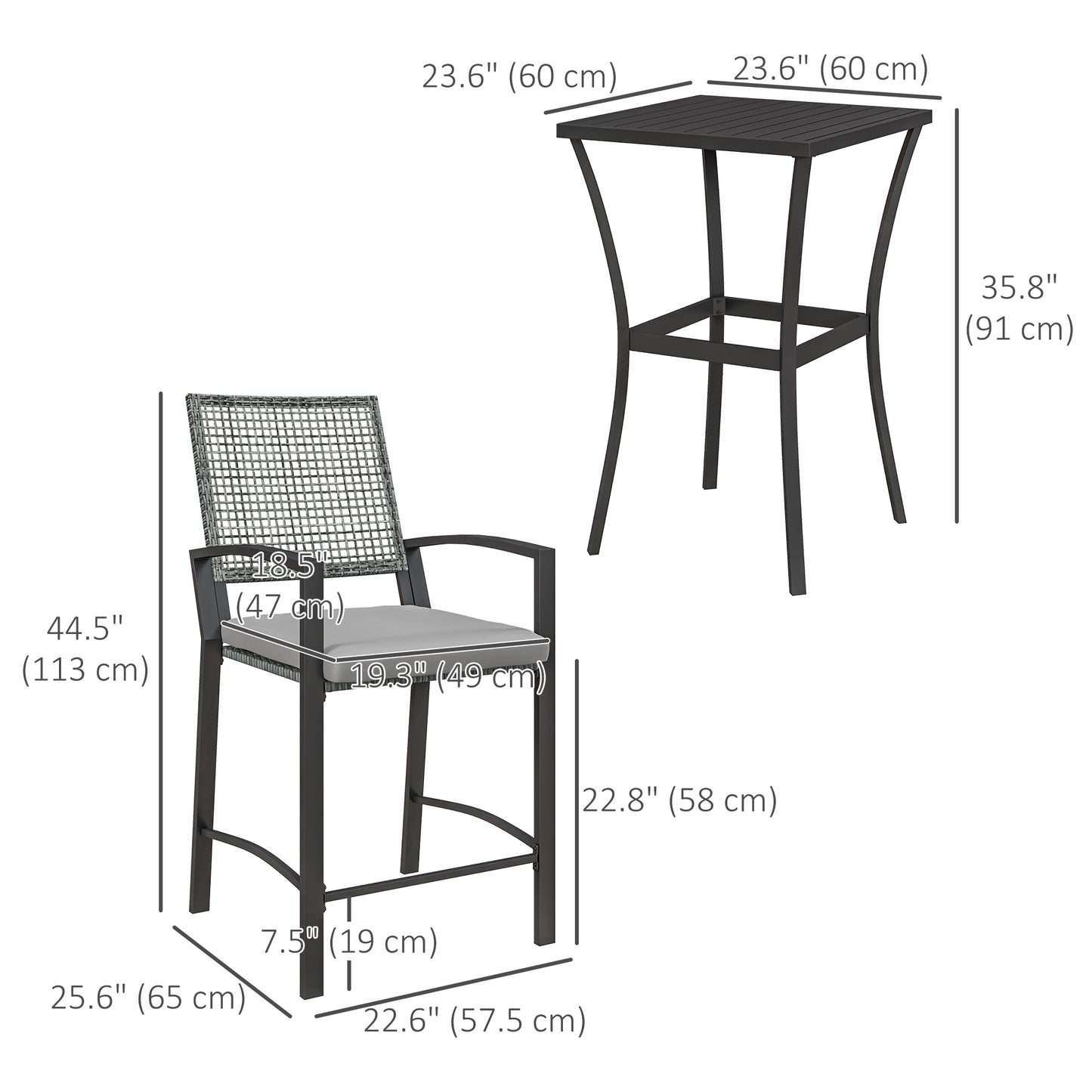 3pc Rattan Patio Bar Table and Bar Chairs w/ Cushions Home Bar Furniture