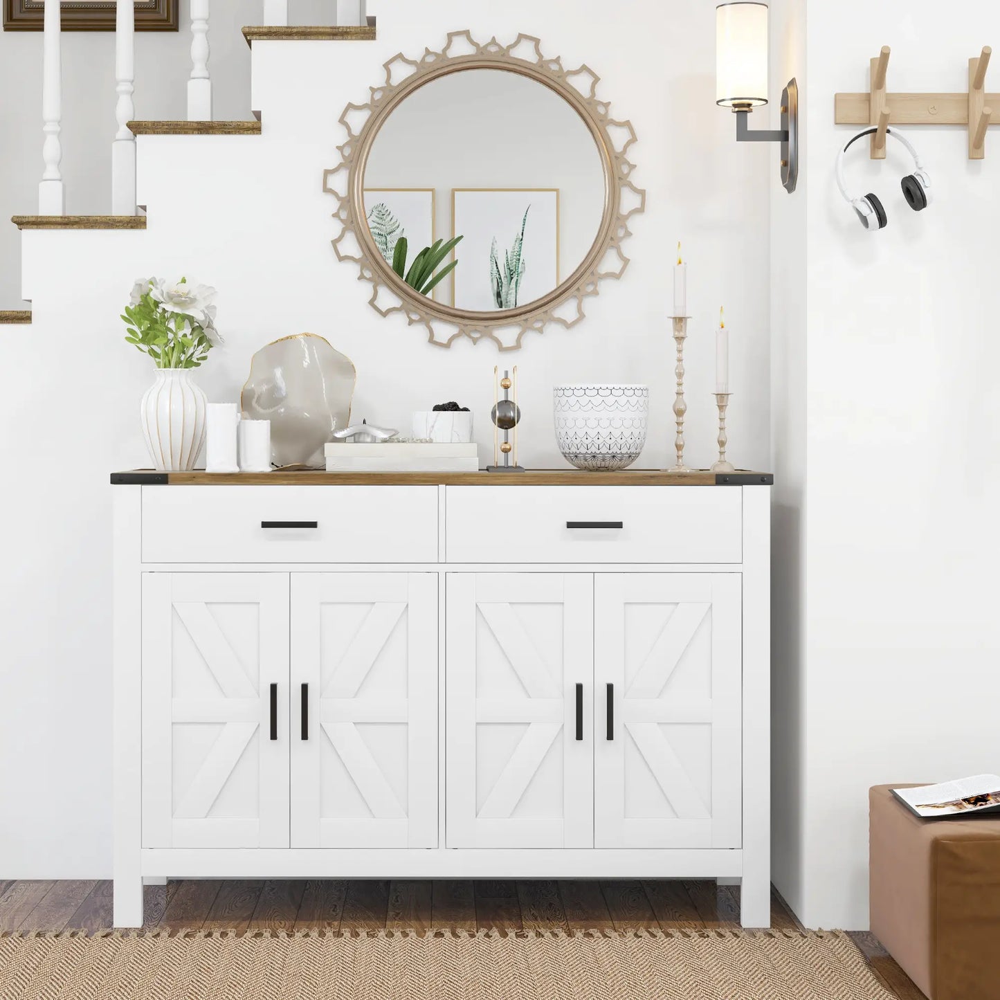 Farmhouse Buffet Cabinet Sideboard with 2 Drawers, 2 Storage Cabinets and Adjustable Shelves, White