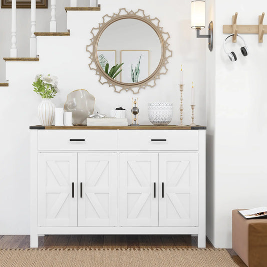 Farmhouse Buffet Cabinet Sideboard with 2 Drawers, 2 Storage Cabinets and Adjustable Shelves, White