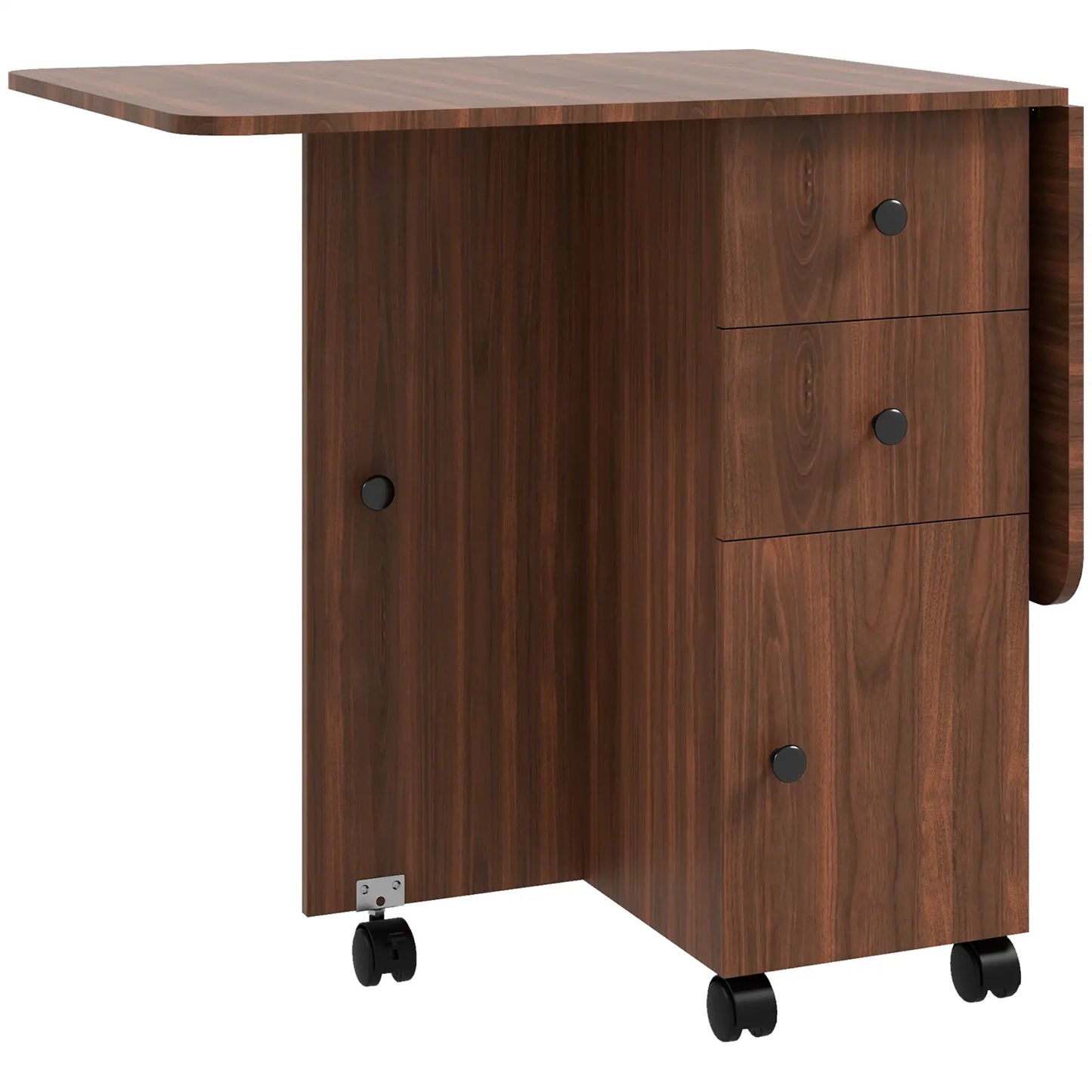 Drop Leaf kitchen Dining Table, on Wheels with Drawers and Cabinet in Brown