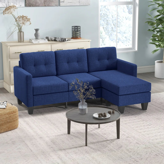 L-shaped Sofa, 3 Seater Sectional Couch with Ottoman with Thick Padded Cushion and Wood Legs, Dark Blue