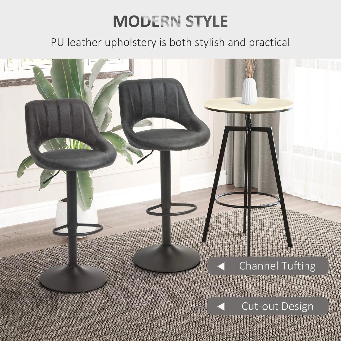 Set of 2 Adjustable Bar Stools with PU Upholstered Back, Footrest and Round Base in Grey