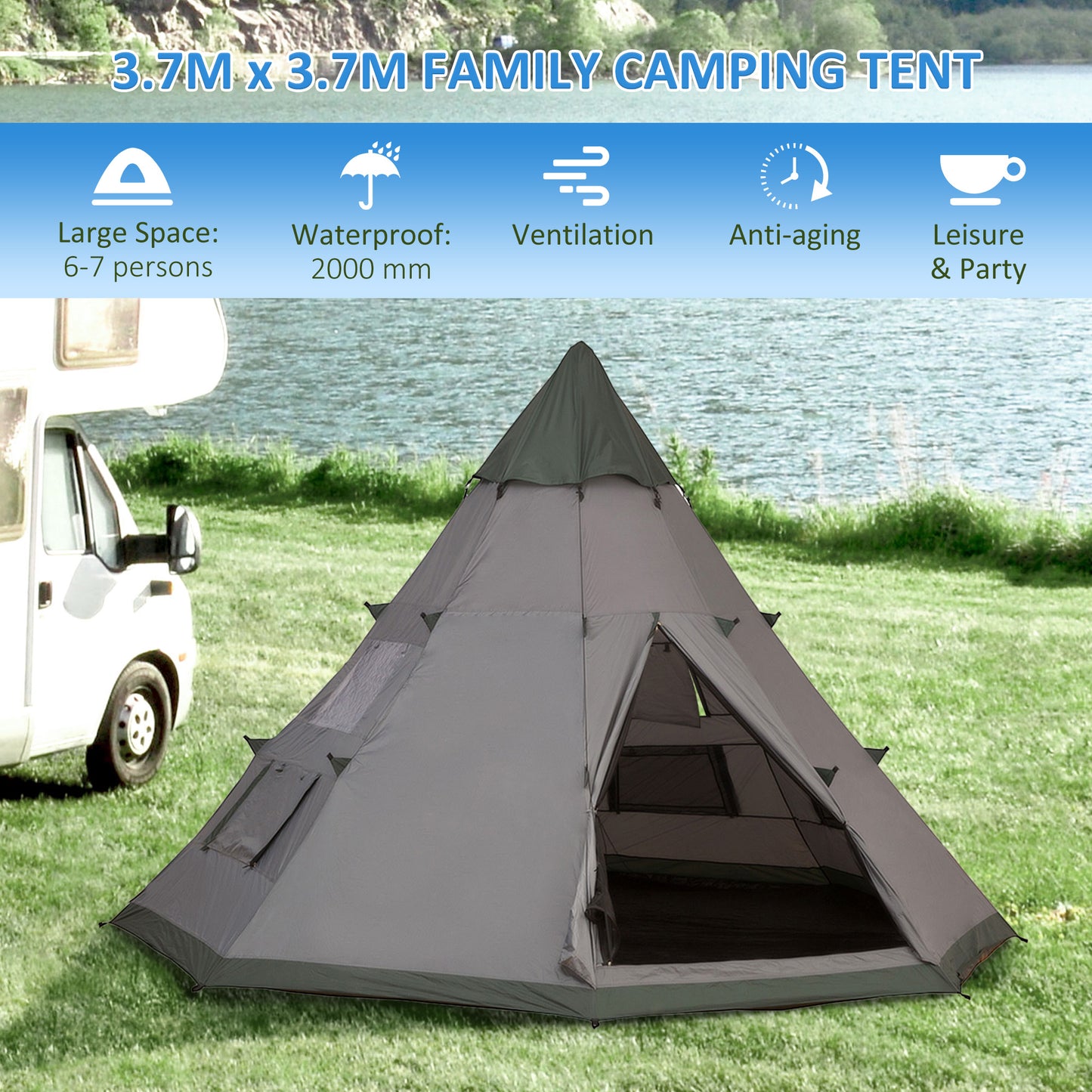 6 Men Camping Family Teepee Tent with Mesh Windows, Tent Floor, Door and Carry Bag for Hiking, Picnic, Grey