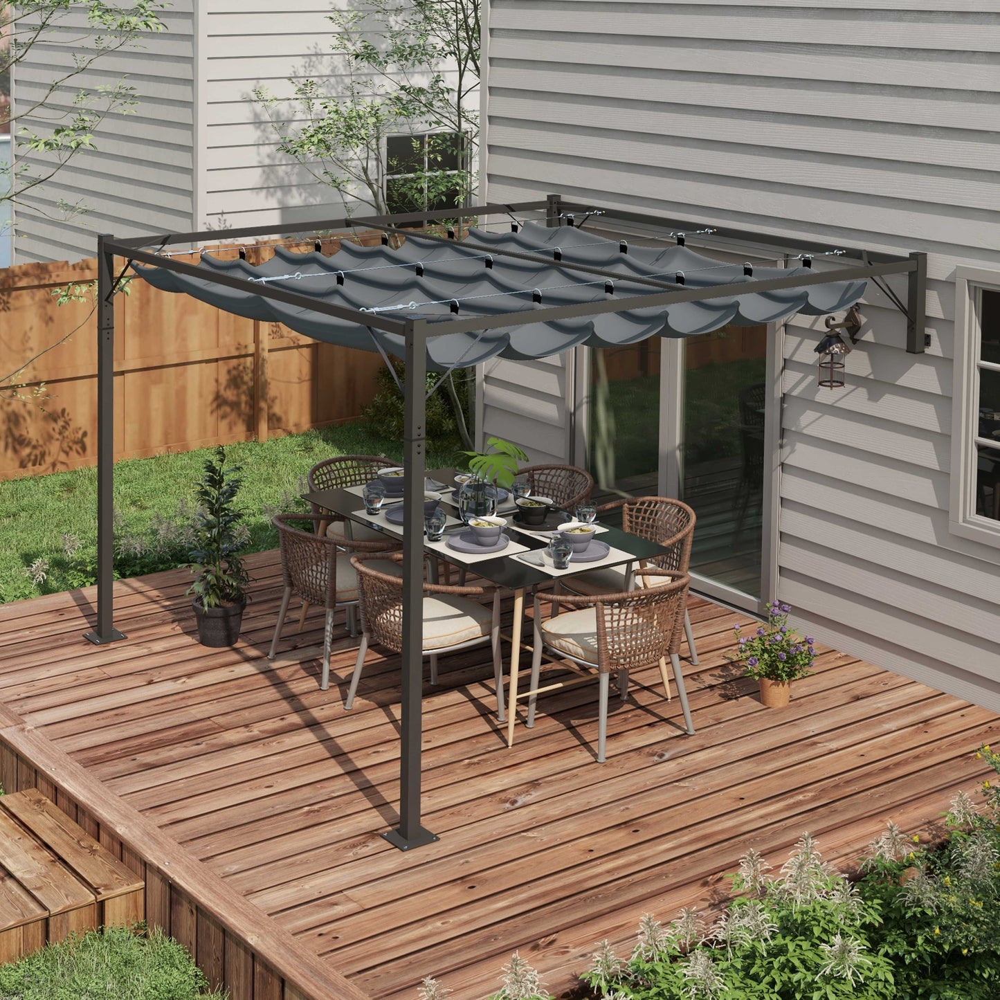 Metal Pergola with Retractable Roof, 10' x 10' Wall Mounted Outdoor Gazebo Sun Shade Shelter