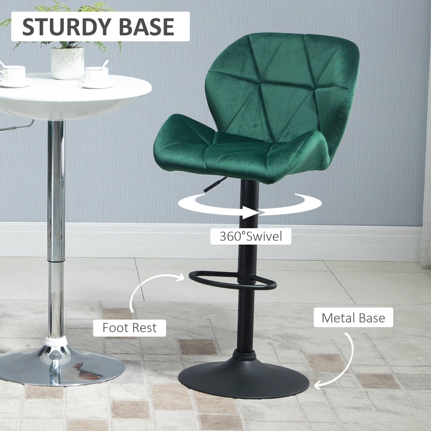 Bar Stool Set of 2 Fabric Adjustable Height Armless Upholstered Counter Chairs with Swivel Seat, Green