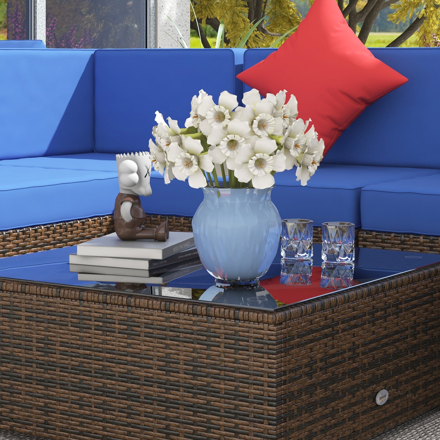 9 Pieces Wicker Patio Furniture Set with Cushion, Navy Blue