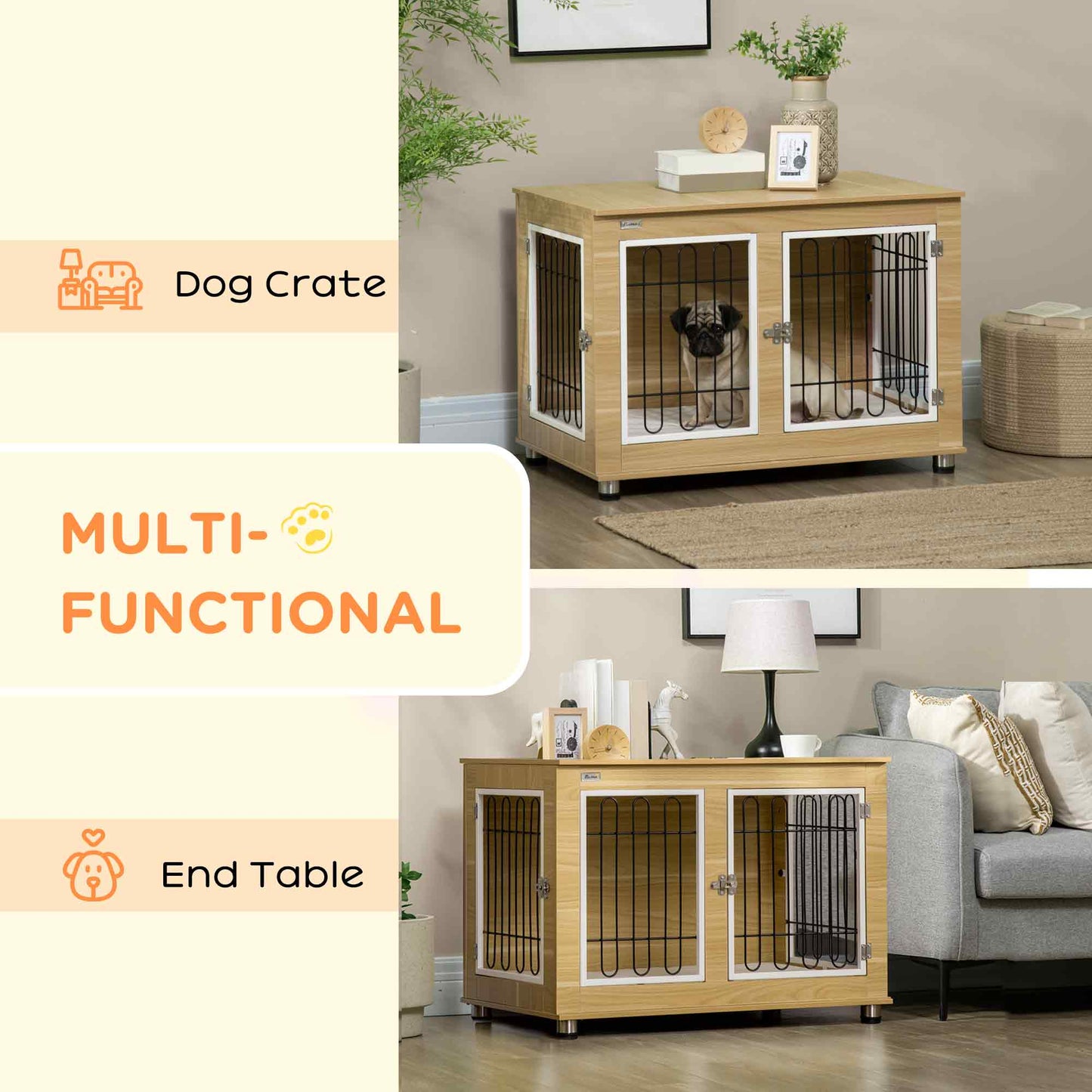 Pet Crate End Table with Soft Cushion, Double-Door Dog Crate Furniture for Medium Large Dogs, Wooden Wire Pet Kennel for Indoor Use