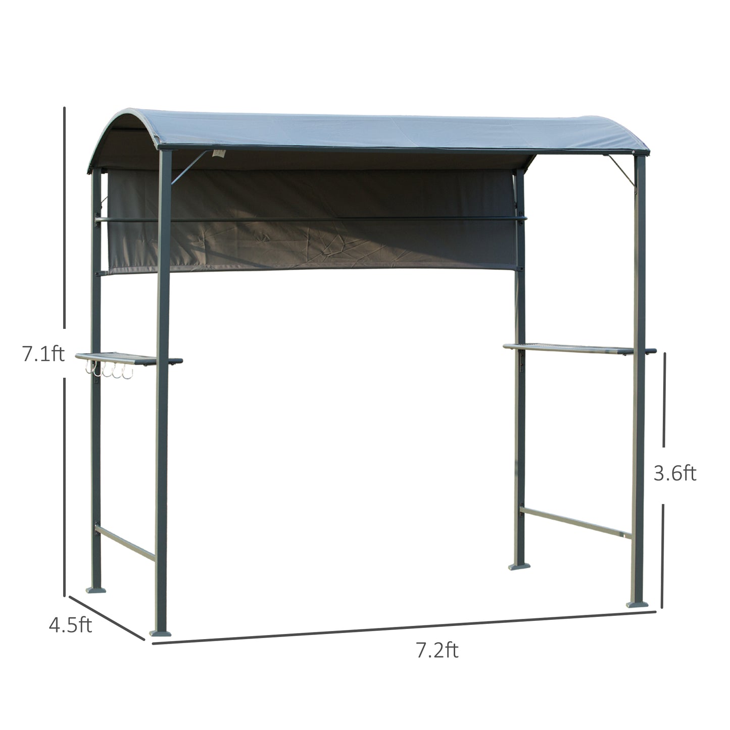 Outsunny 7x4.5ft Outdoor BBQ Gazebo Tent Metal Frame Garden Grill Canopy Sunshade Backyard Portable Shelter with Side Awning 2 Shelves and 5 Hooks Grey